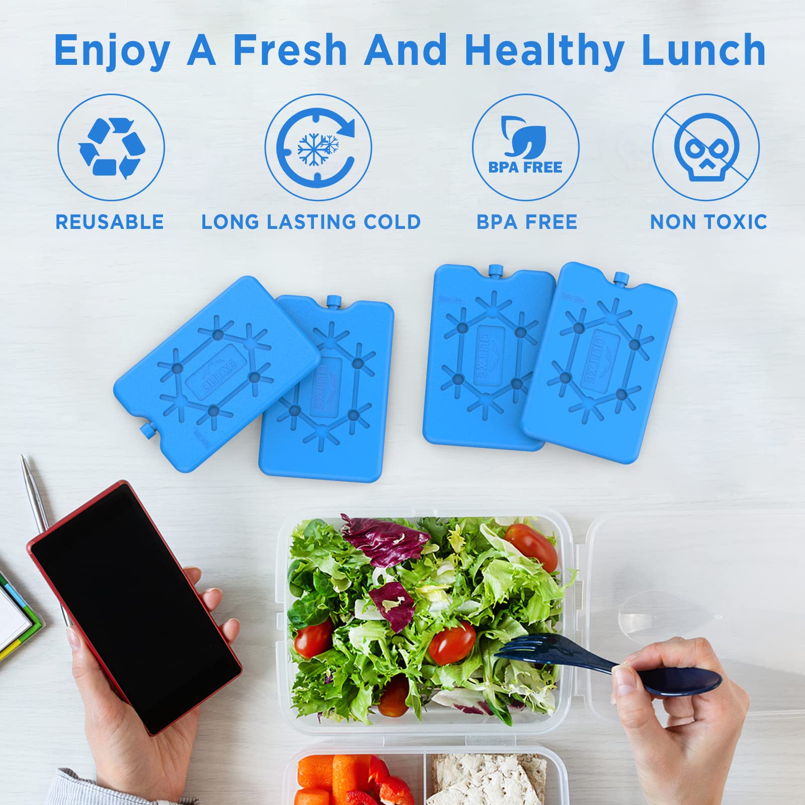 Outxe Ice Packs For Lunch Box 4 -Pack Reusable Ultra-Thin Freezer Packs Long-Lasting Cool Packs For Coolers, Keep Food Fresh And