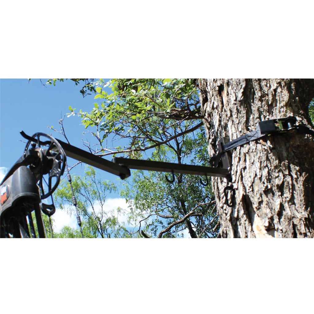 Hme Durable Easy-To-Attach Secure Better Tree Stand Bow Hanger Strap-On W/Two Accessory Hooks & Heavy-Duty Ratchet Strap - Exten