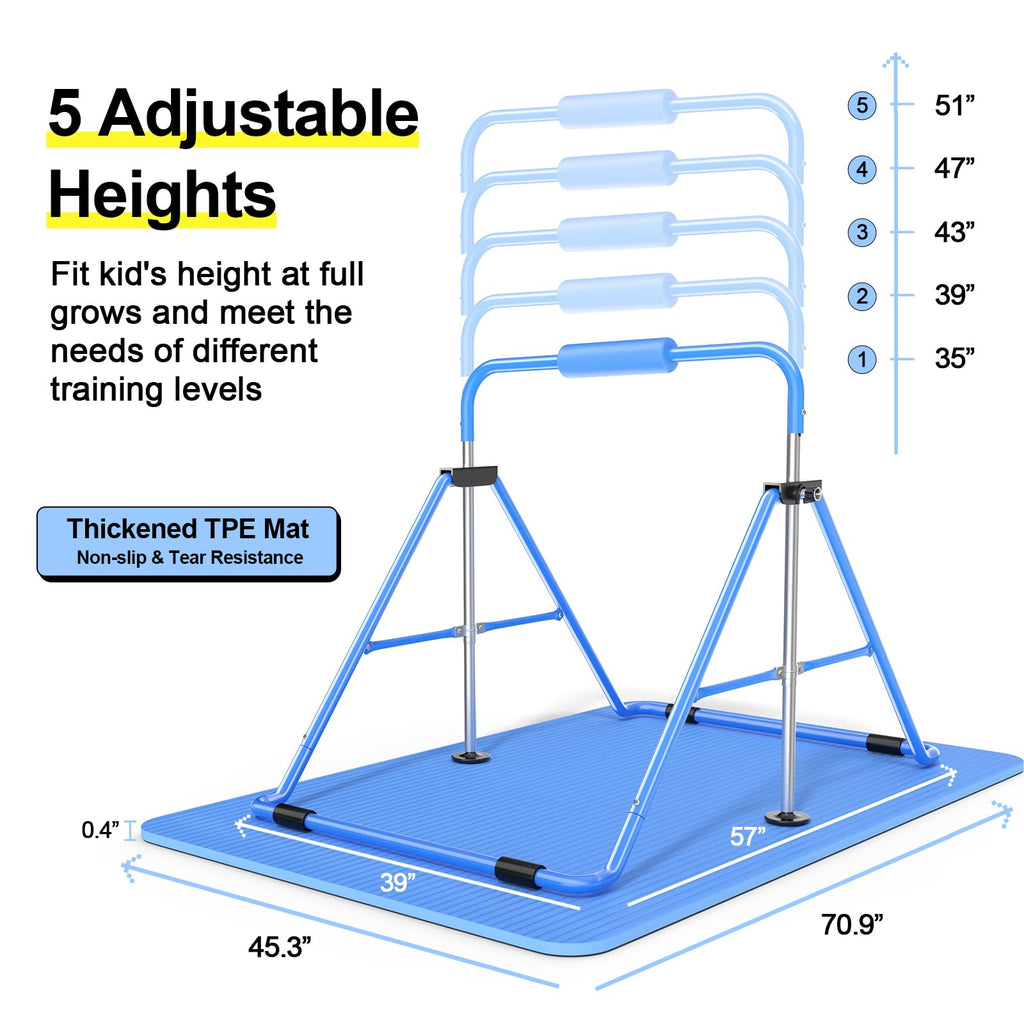 Safly Fun Expandable Gymnastics Bars Junior Training Bar Gymnastic Folding Horizontal Bars With Mat For Kids(Blue+Mat)