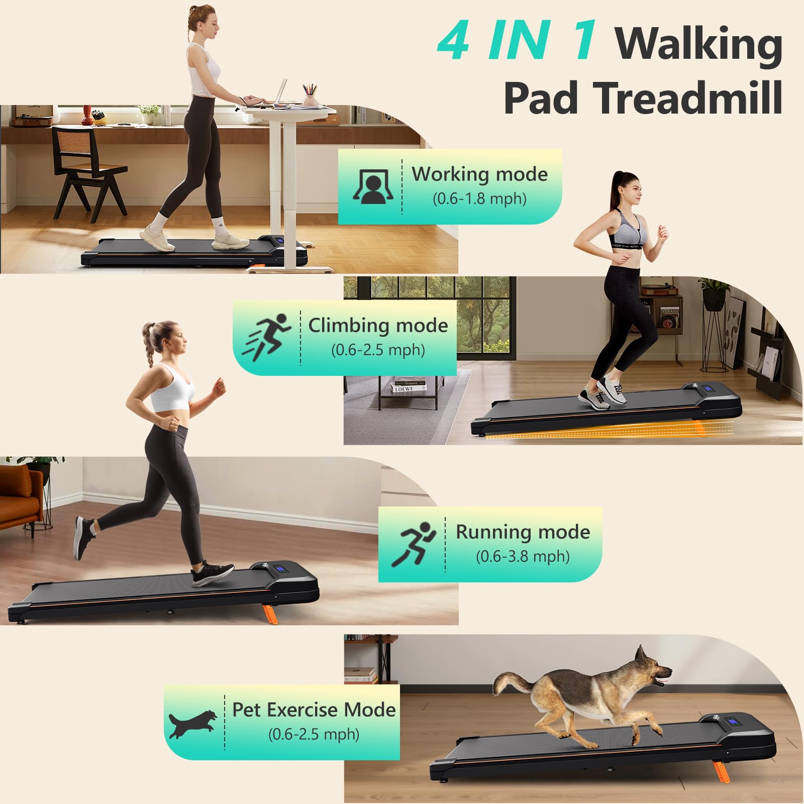Walking Pad With Incline, Portable Treadmill For Home, 4 In 1 Walking Pad Incline With Remote Control 265Lb Capacity, 2.5Hp Comp
