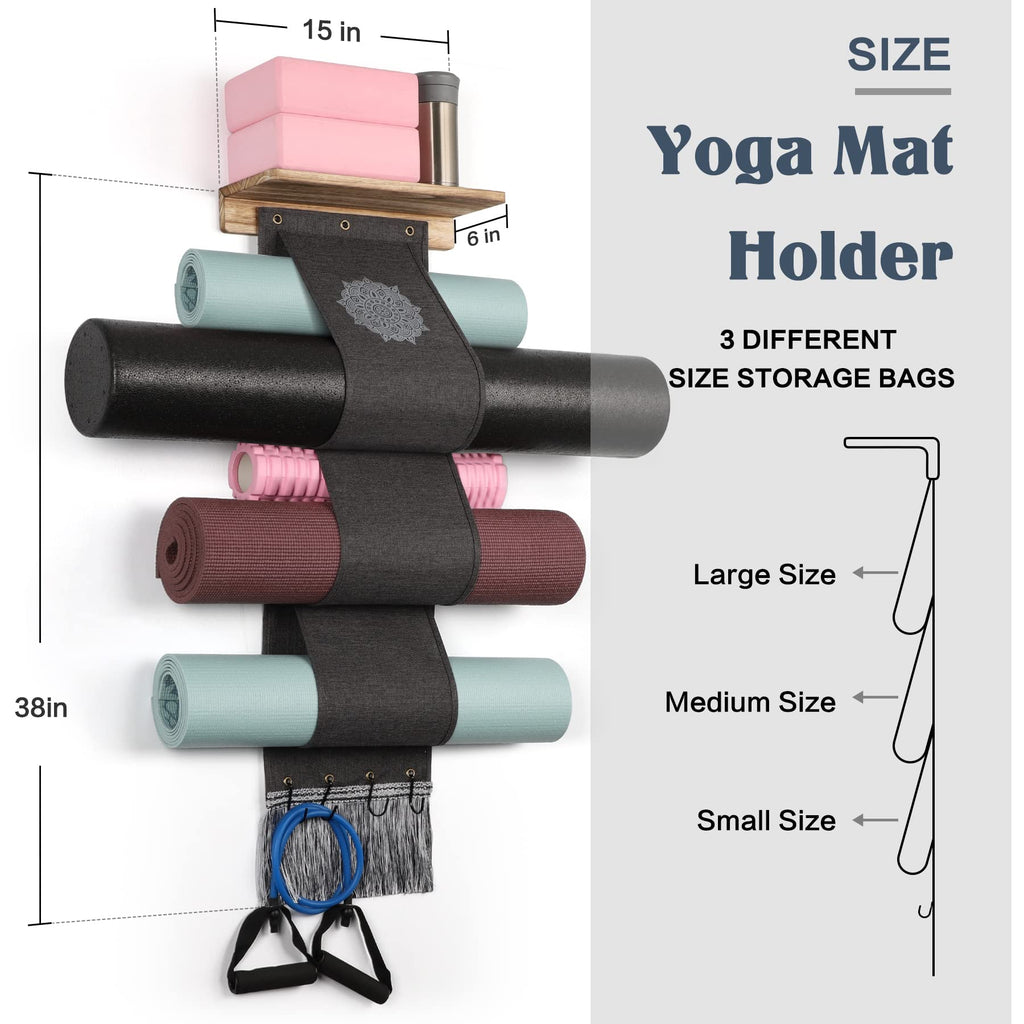 Vinaemo Yoga Mat Holder Wall Mount Yoga Mat Storage Rack With 3 Sizes Pocket Wood Floating Shelves And 4 Hooks For Hanging Foam