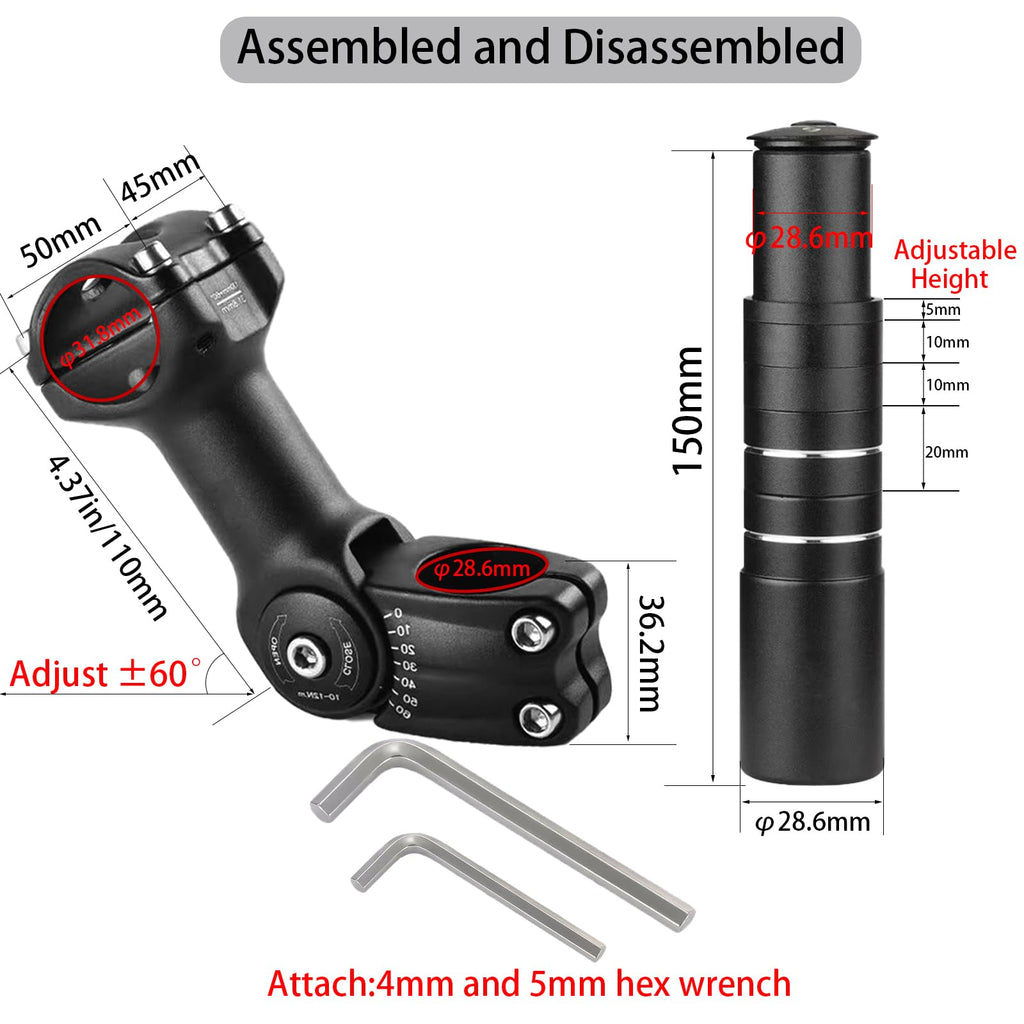 Groword Bike Stem Riser,Adjustable Mtb Stem,28.6Mm Bike Fork Aluminum Adjustable 150Mm,Bike Stem 31.8Mm,Adjustable 120 Degree 11