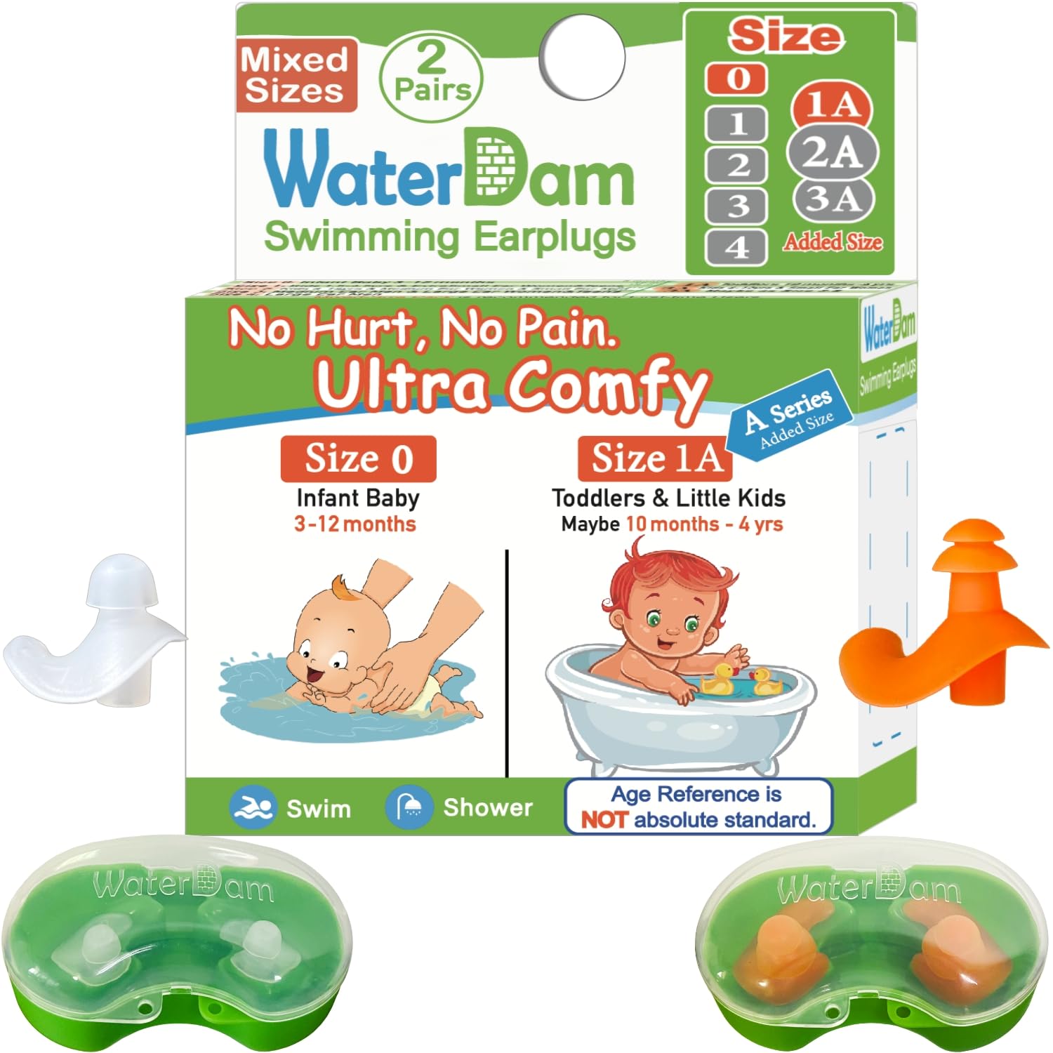 Waterdam A-Series Swimming Ear Plugs Ultra Comfy Great Waterproof Earplugs (Mixed Sizes, Size 0+1A: Infants Babies Toddlers 3-18