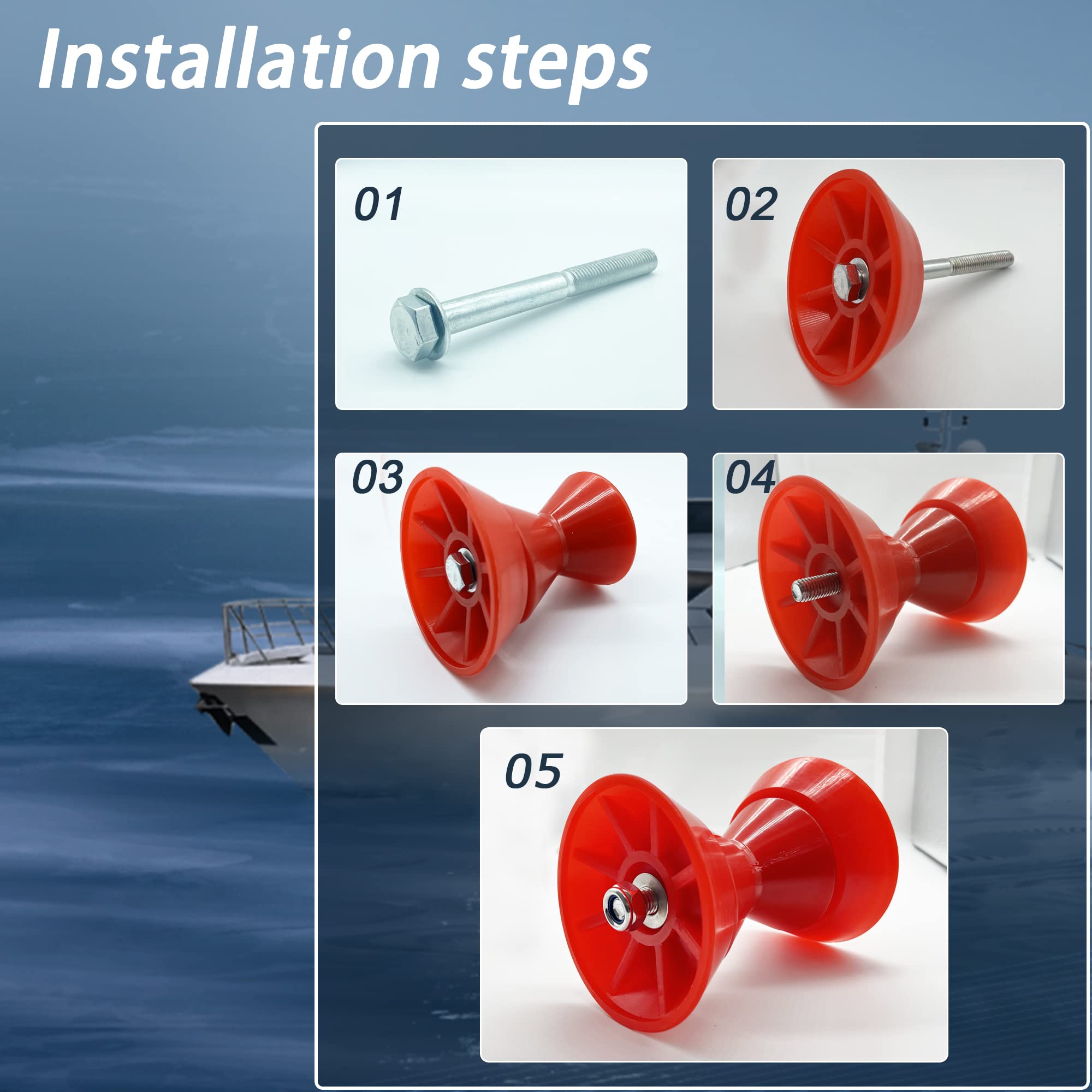 Colofulway 3'' Boat Trailer Bow Bell Roller Assembly With 1/2'' Shaft Fits 3 Inch Bracket, Polyurethane(Red)