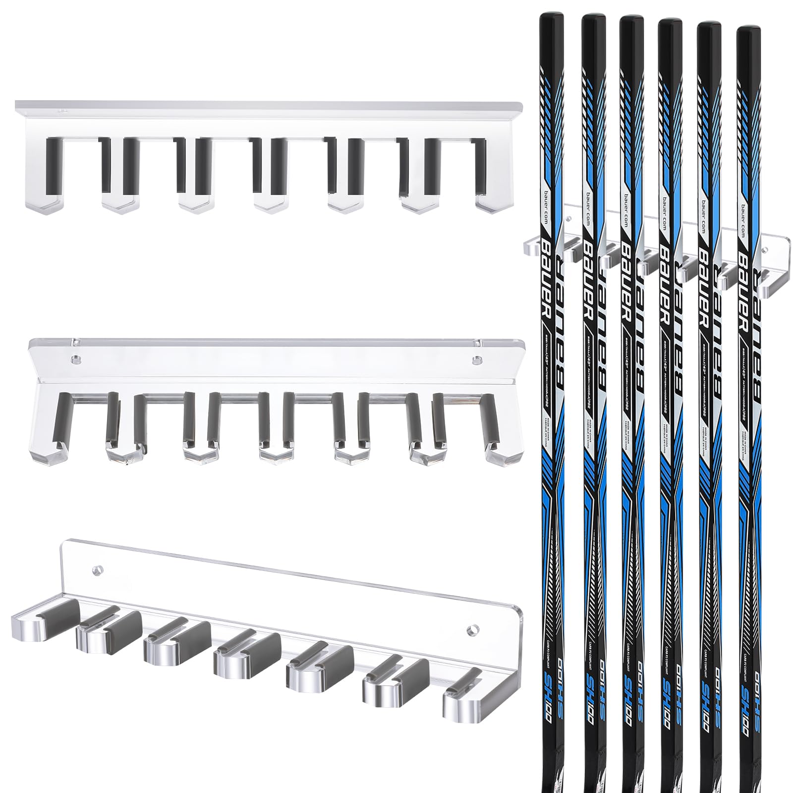 Leinuosen Youth Wall Mount Hockey Stick Holder Accommodate up to 6 Sticks, Acrylic Ice Hockey Stick Display Organizer Rack for H