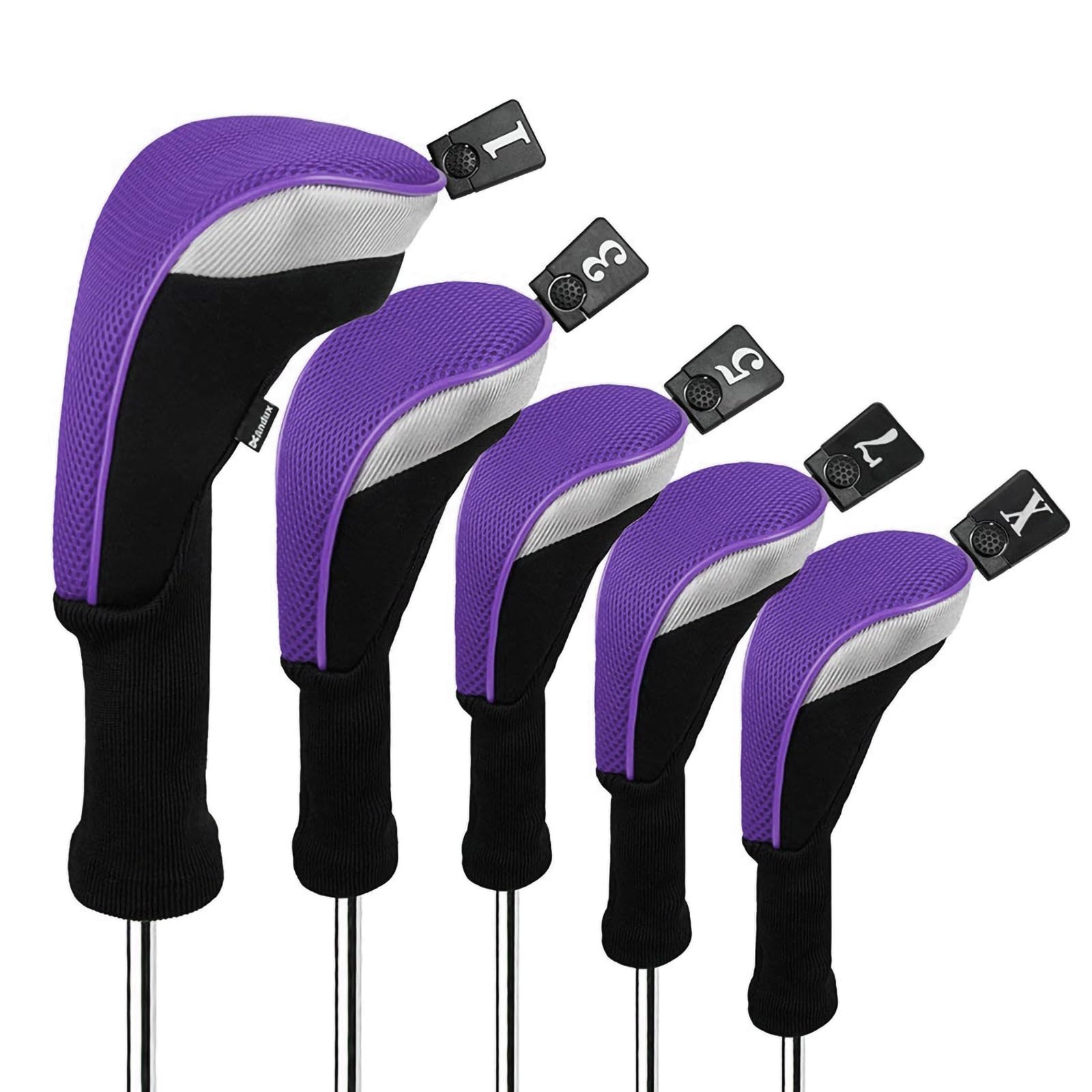 Andux 5Pcs/Set Golf 460Cc Driver Wood Club Head Covers Long Neck With Interchangeable No. Tags Purple