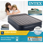 Intex Dura-Beam Fiber-Tech Elevated Inflatable Built-In Pillow Rest Raised Airbed Mattress With Internal Electric Pump And Carry