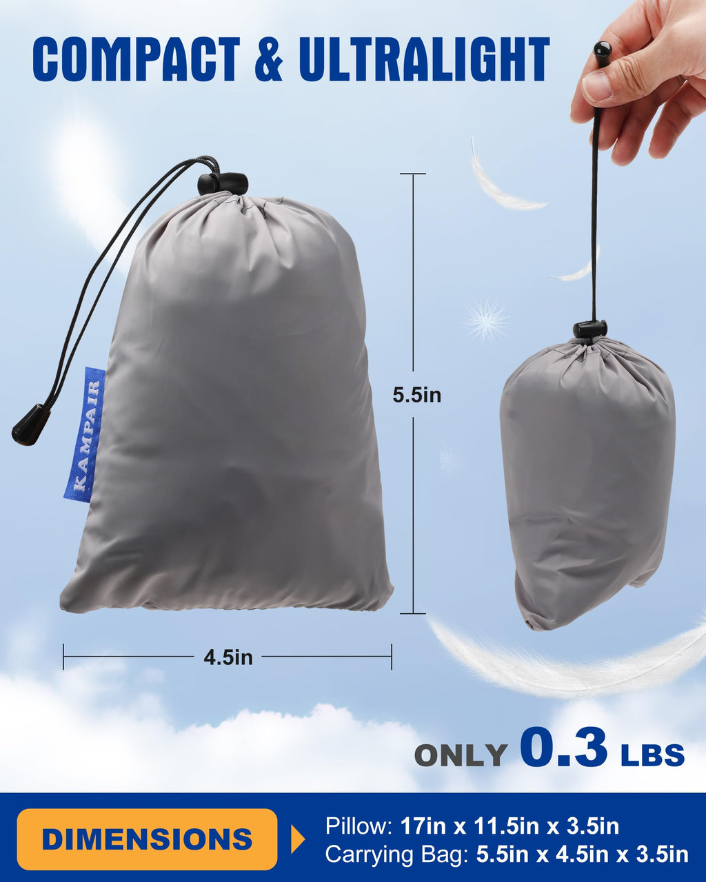 Kampair Ultralight Inflatable Camping Pillow For Sleeping - Soft Velvet Cover, Compact & Portable, Ergonomic Neck Support, Machi