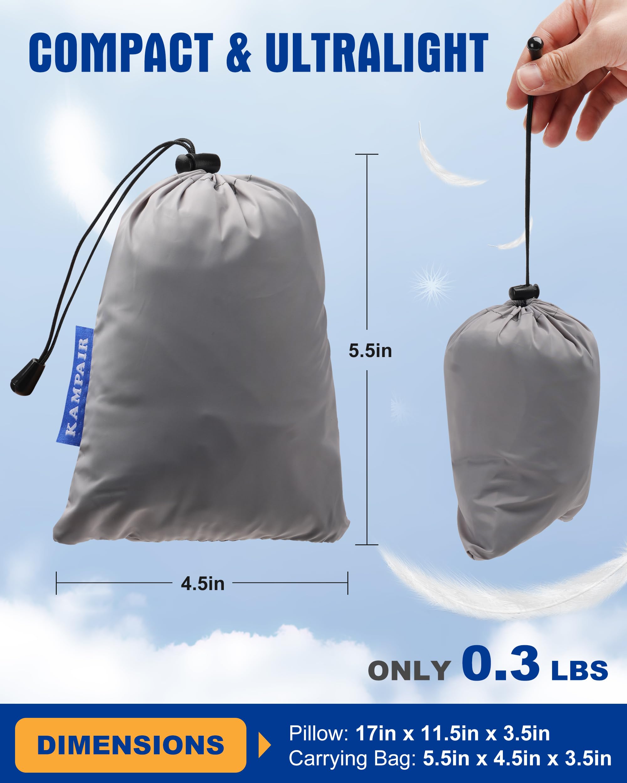 Kampair Ultralight Inflatable Camping Pillow For Sleeping - Soft Velvet Cover, Compact & Portable, Ergonomic Neck Support, Machi