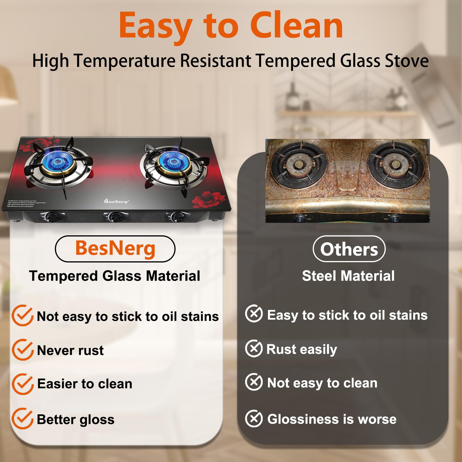 Besnerg Propane Stove 2 Burner Gas Stove, 28800 Btu High-Efficiency Auto Ignition Tempered Glass Lpg Cooktop With Csa Regulator
