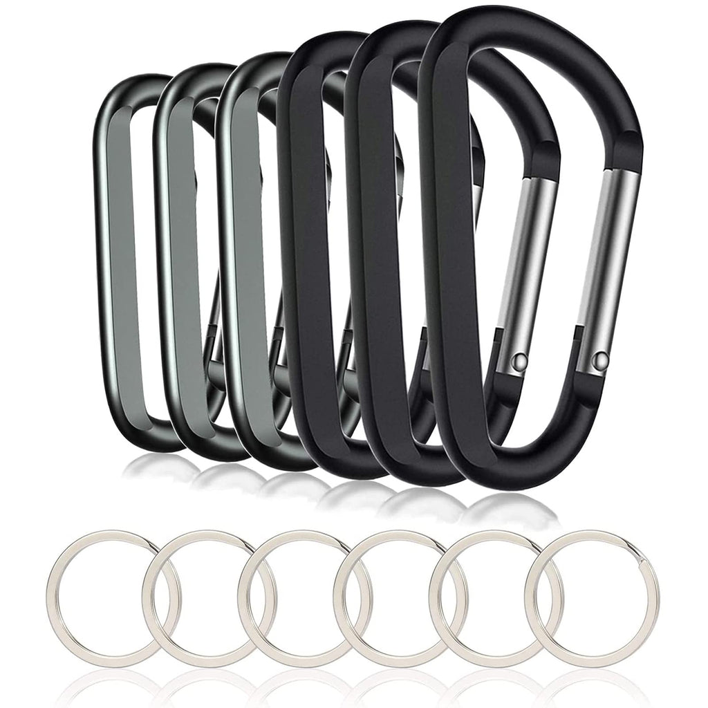 6Pcs Carabiner Caribeaner Clip,3'' Large Aluminum D Ring Shape Carabeaner With 6Pcs Keyring Keychain Hook (Black + Grey)