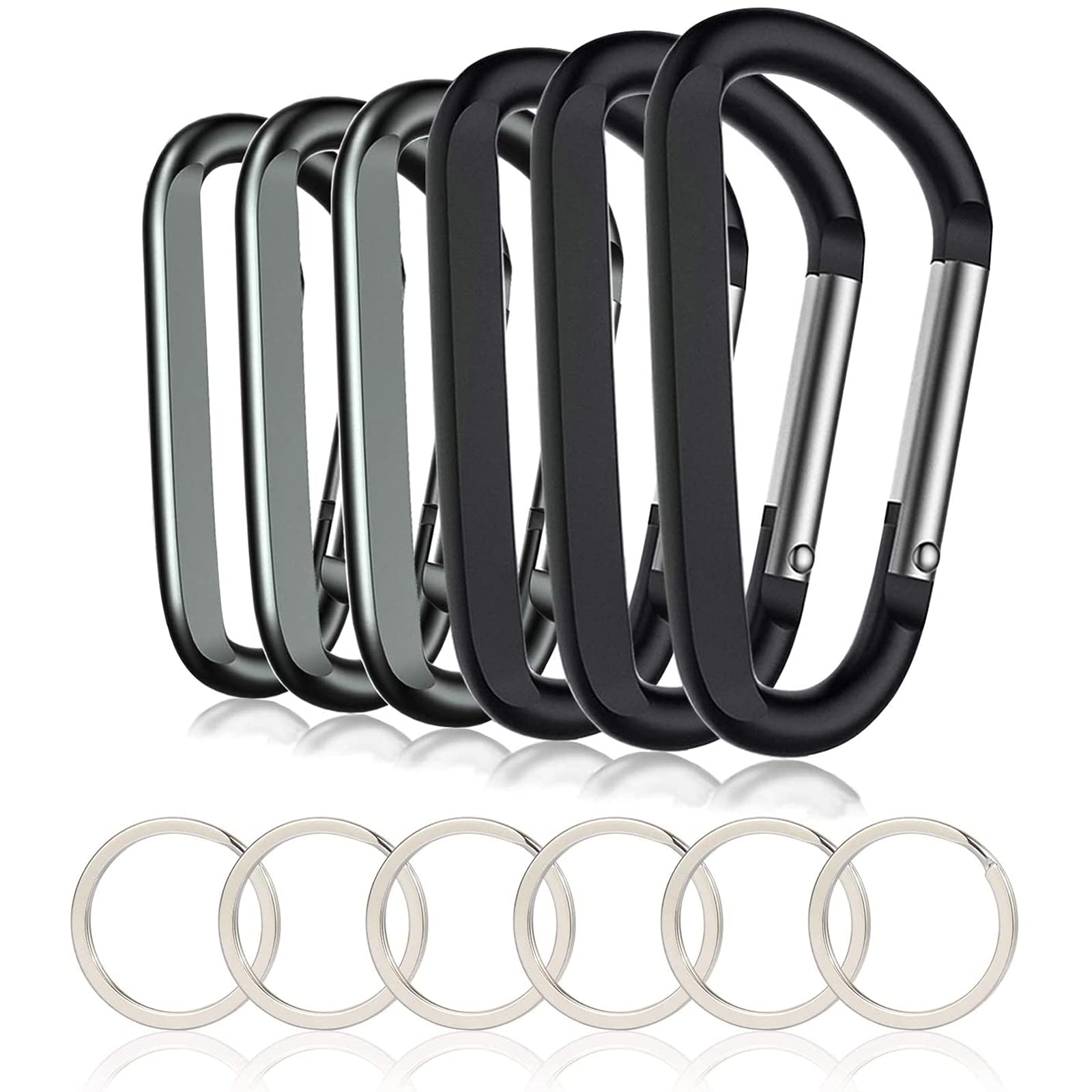 6Pcs Carabiner Caribeaner Clip,3'' Large Aluminum D Ring Shape Carabeaner With 6Pcs Keyring Keychain Hook (Black + Grey)