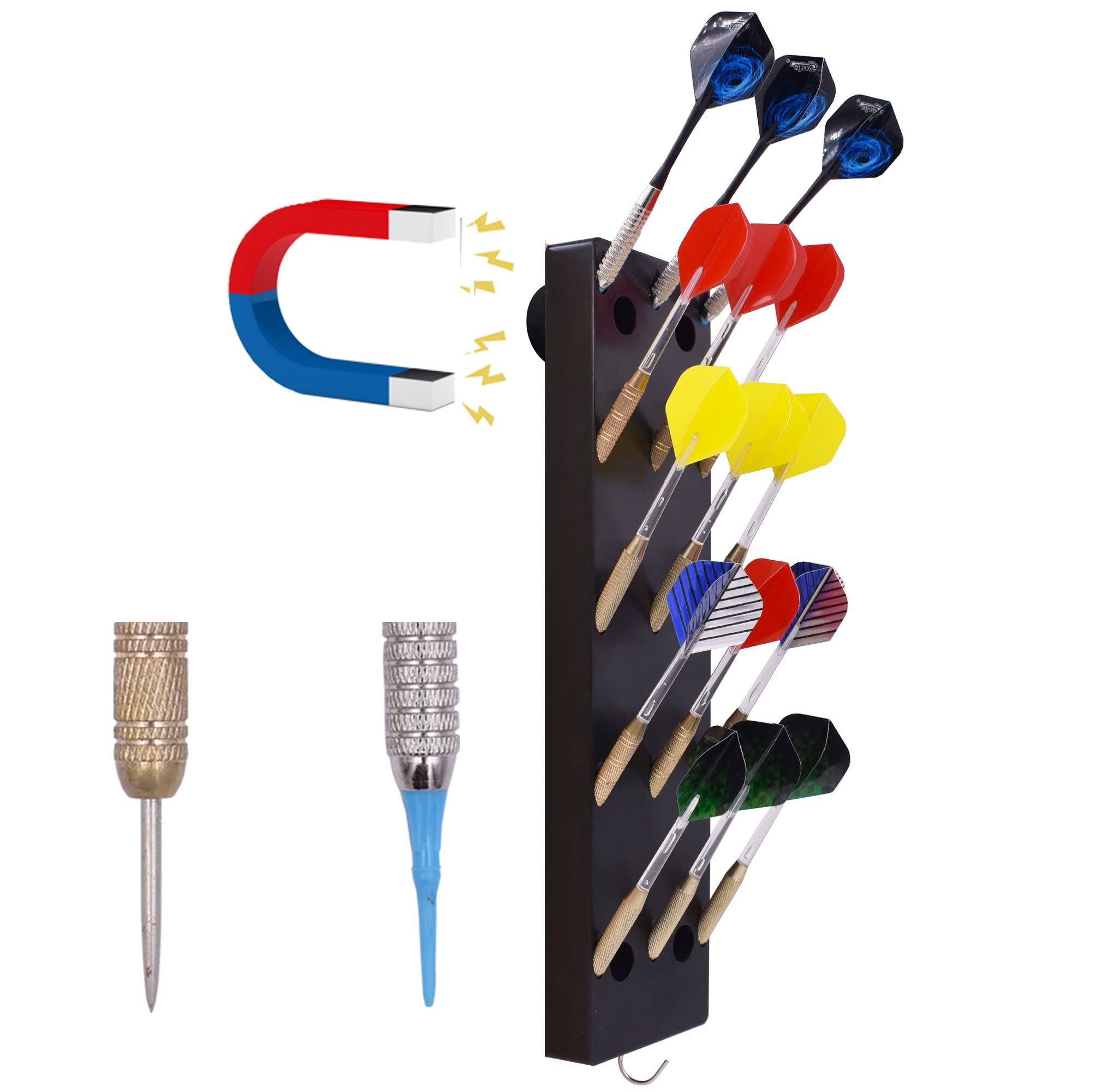 YYST Magnetic Dart Holder/Stand/Caddy/Display/Rack/Wall Mount - Hold 15 Steel or Soft Tip Darts - Black W Rubber Coated Magnets 
