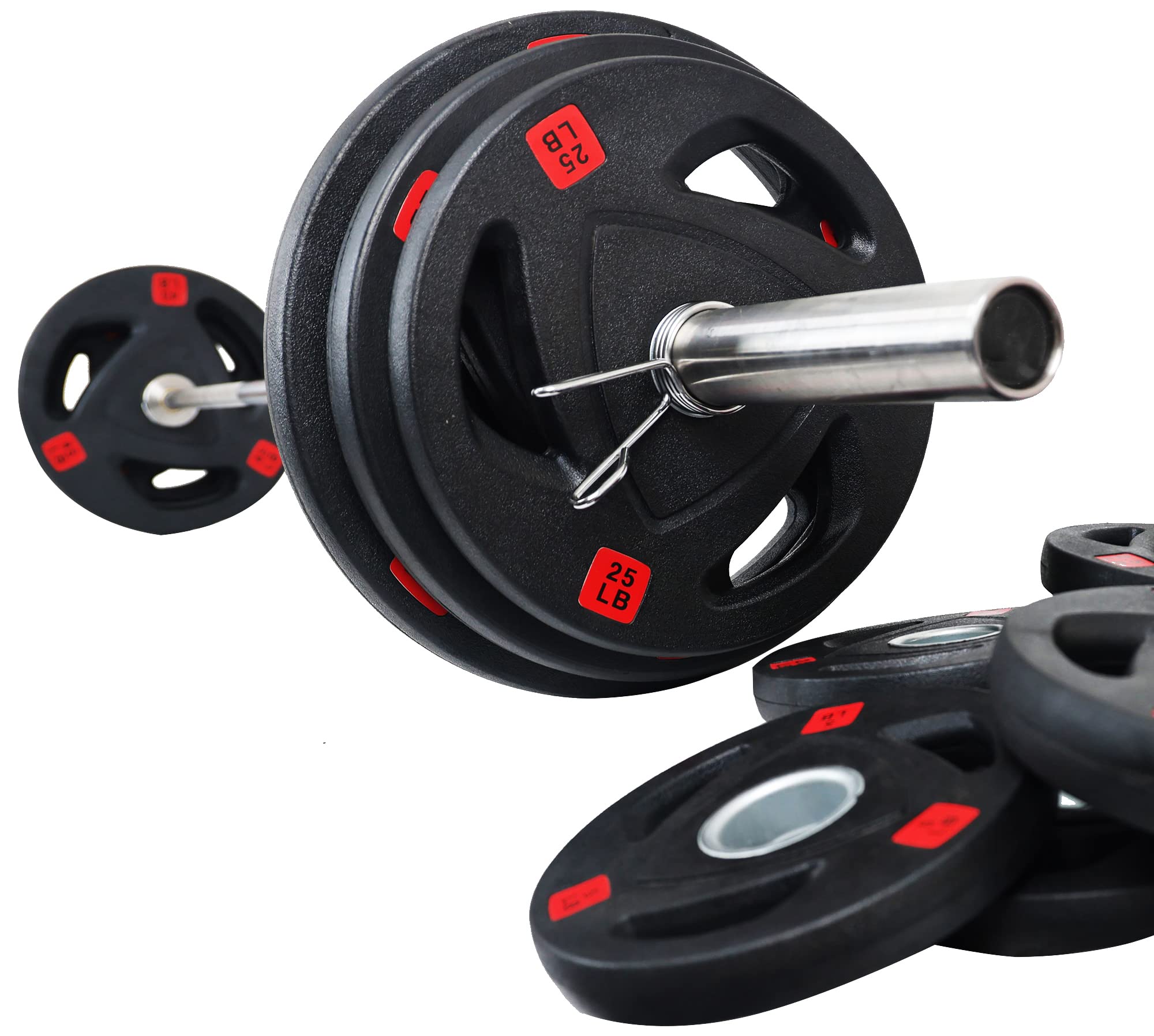 Signature Fitness Cast Iron Olympic 2-Inch Weight Plates Including 7FT Olympic Barbell, 300-Pound Set (255 Pounds Plates + 45 Po