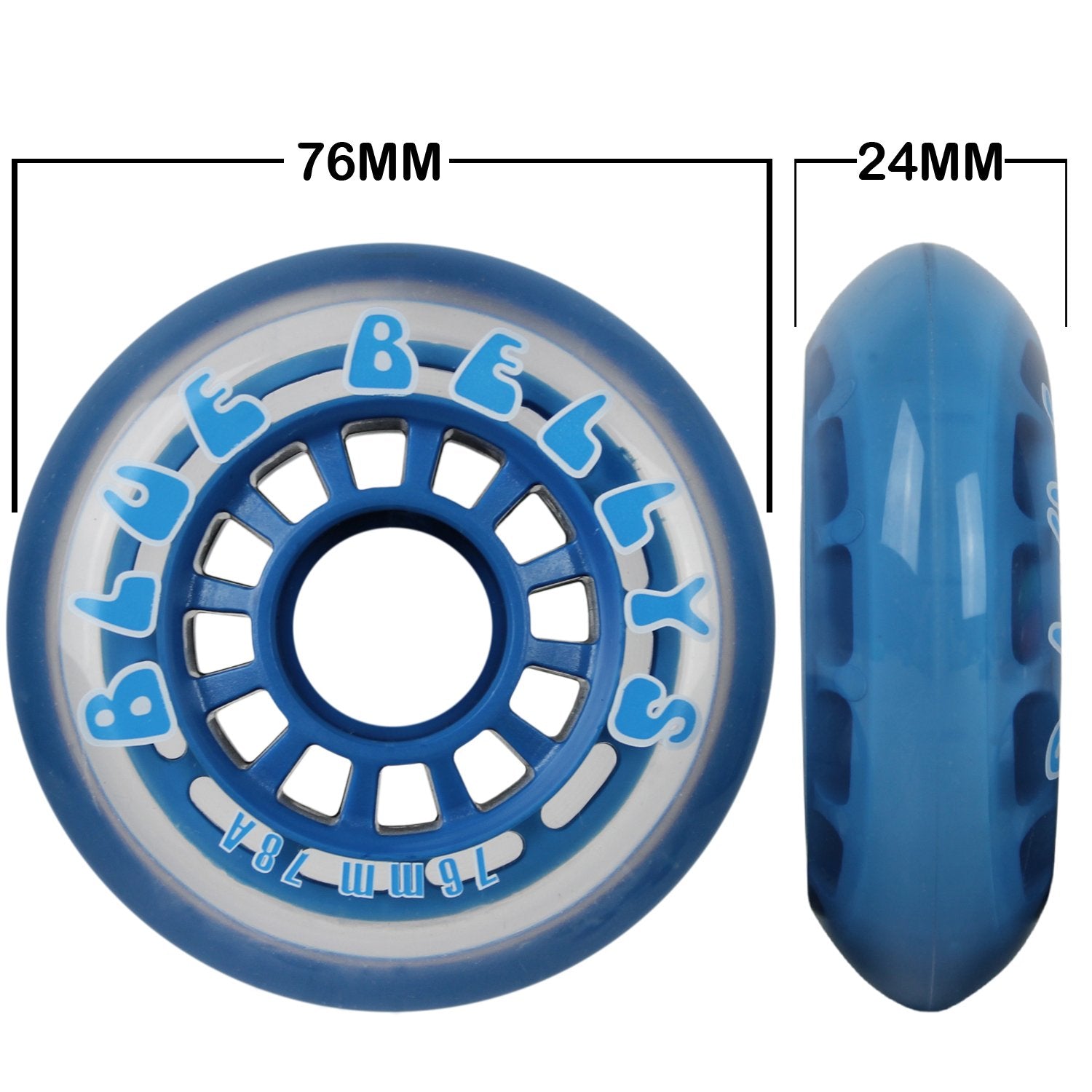 Blue Bellies 8 Inline Skate Wheels 76Mm 78A, Clear/Blue