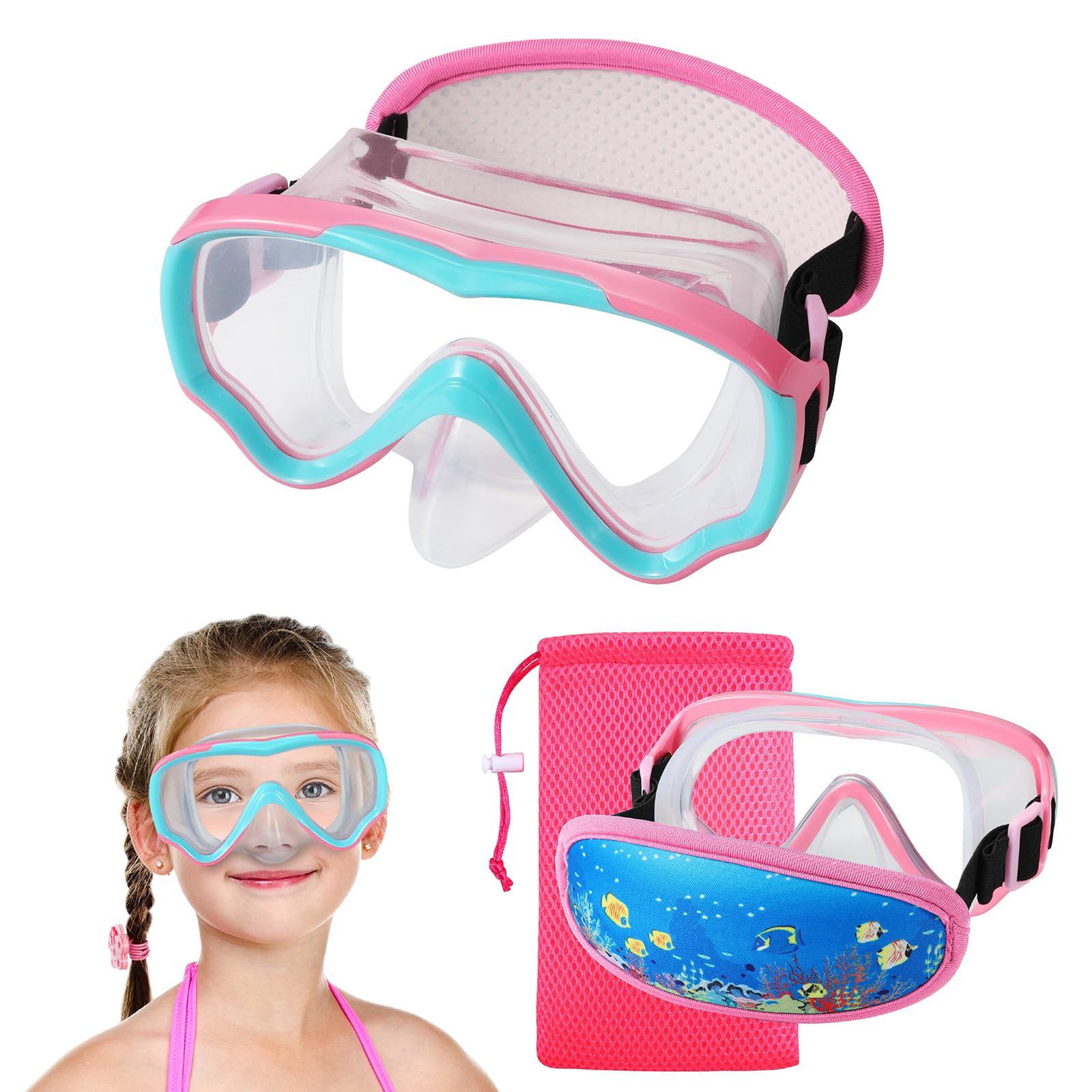 RUIGAO Kids Goggles Swimming, Diving Mask Neoprene Padded / Dont Pull Strap,Pink Goggles with Nose Cover for Girls