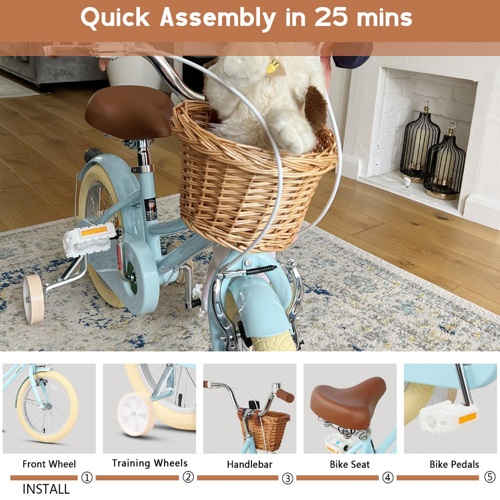 Glerc Little Molly 14 Inch Kids Bike, Retro Cruiser Girls Bike for Children Ages 3-5 Years Old, Kids Bicycle with Wicker Basket