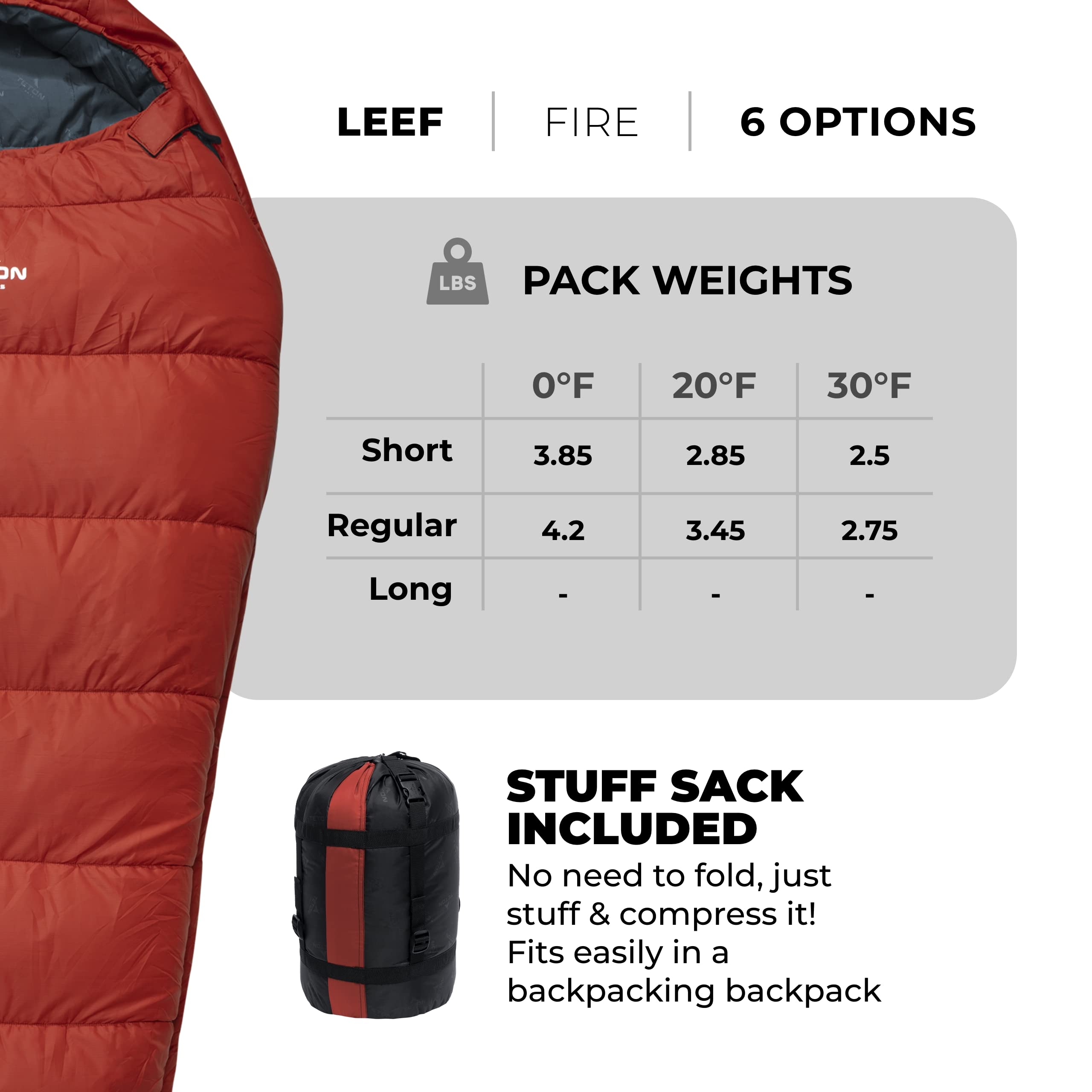 Teton Sports Leef Lightweight Mummy Sleeping Bag; Great For Hiking, Backpacking And Camping; Free Compression Sack; 30F Short, F