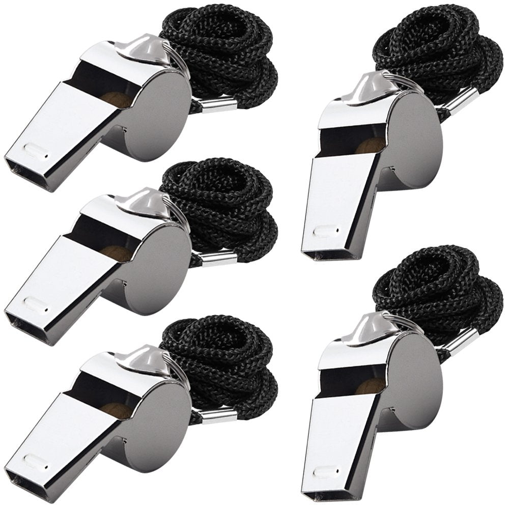 Finegood 5 Packs Stainless Steel Whistle, Loud Metal Whistle With Lanyard For Referees Coaches Lifeguards Survival Emergency Foo