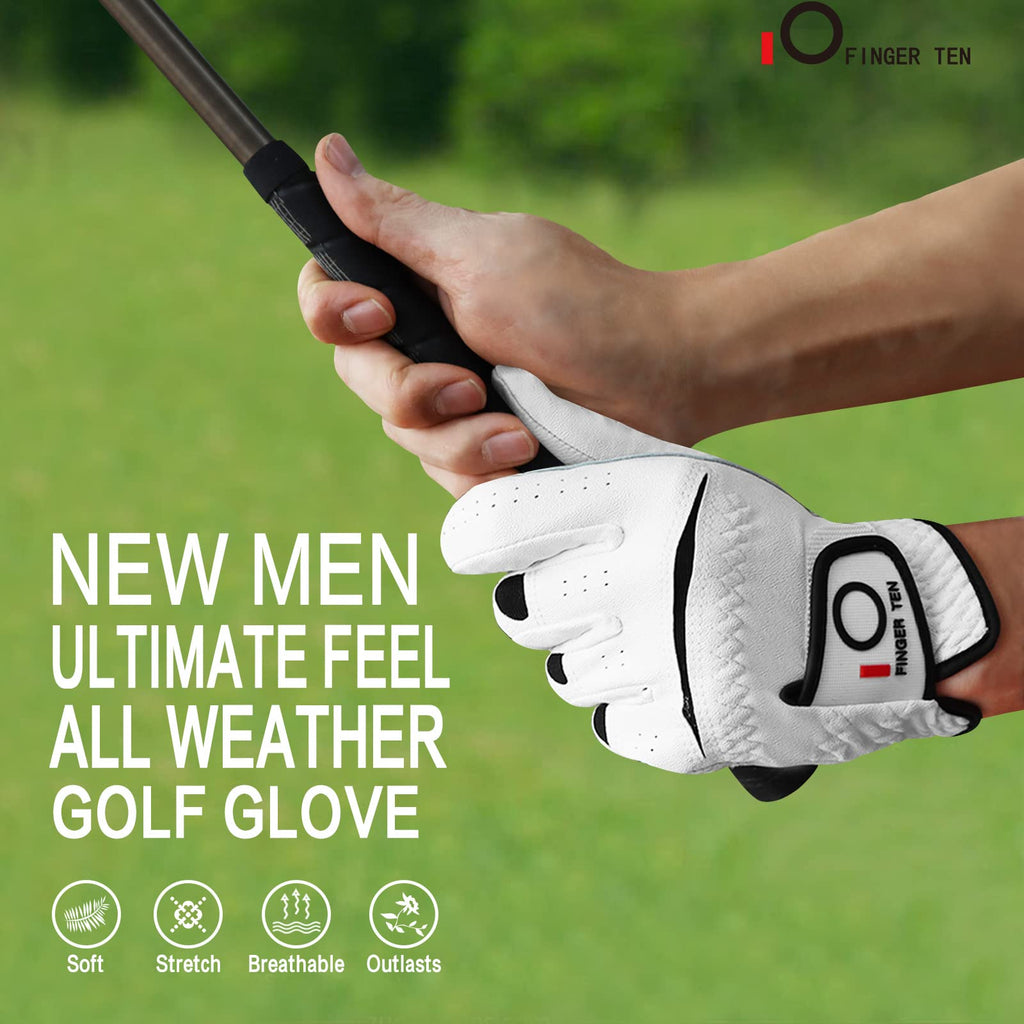 Finger Ten Golf Gloves Men Right Left Handed Golfer Men? Golf Glove Left Right Hand Value 3 Pack, All Weather Leather Grip Small