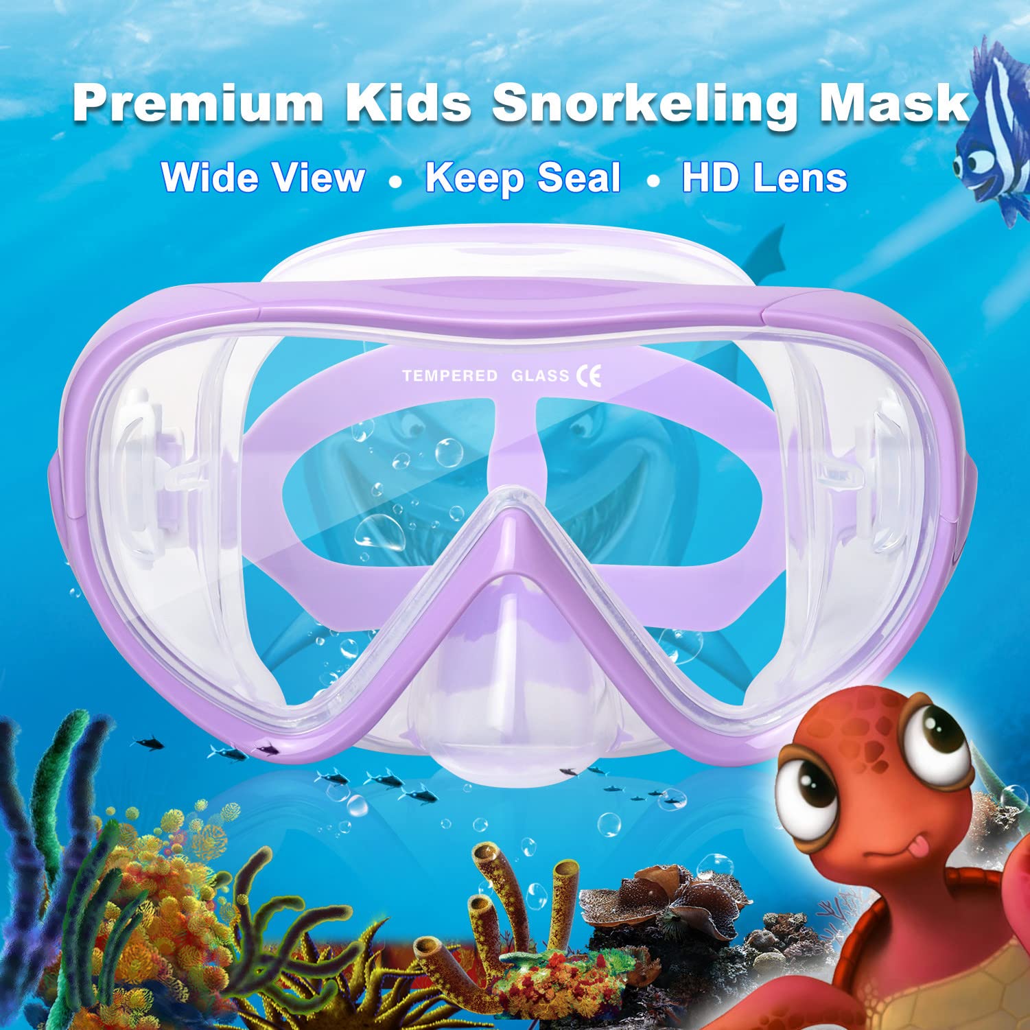 Kids Snorkel Swim Mask, Child Diving Mask Anti-Fog Swim Goggles With Nose Cover For Snorkeling Diving Swimming (Purple)
