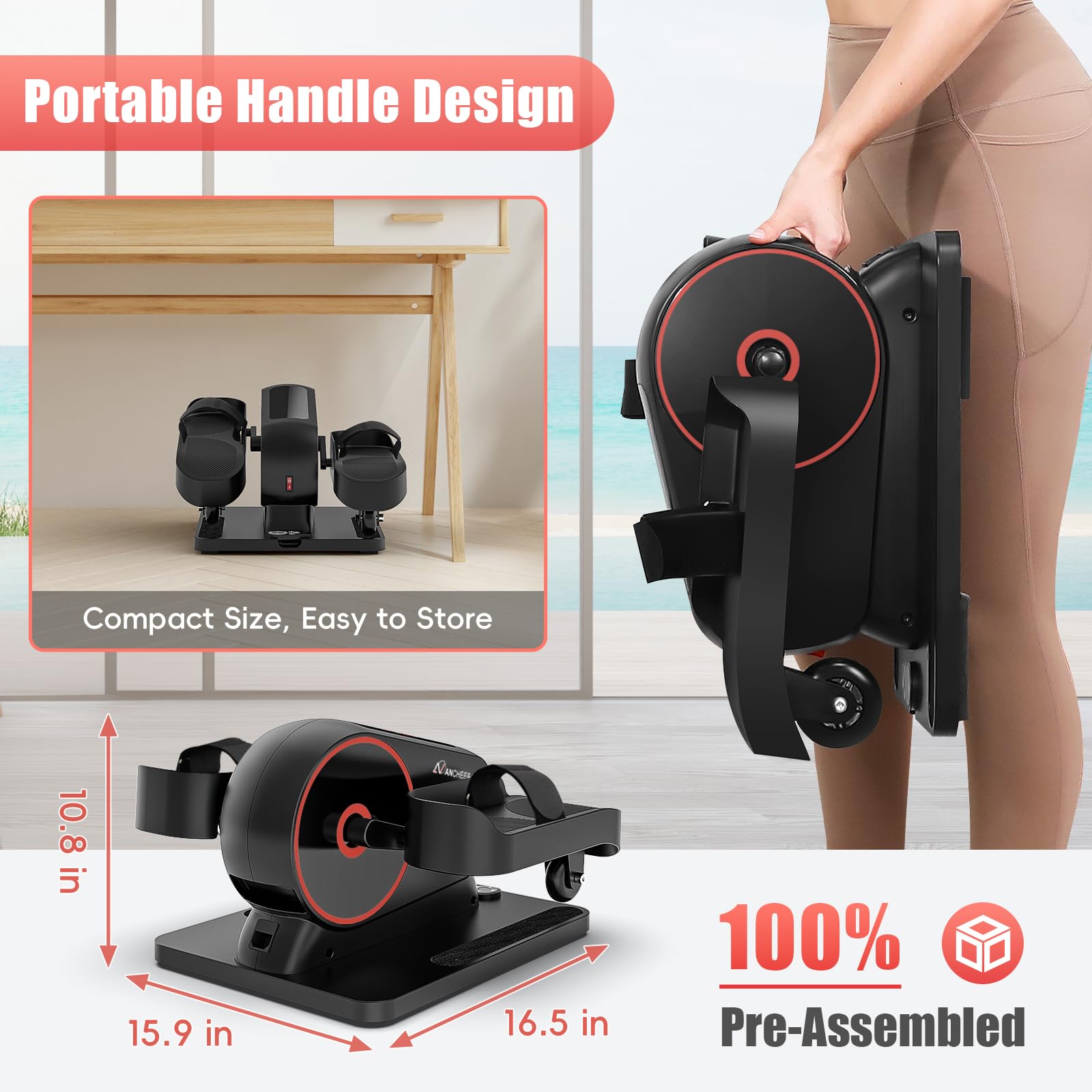 ANCHEER Under Desk Elliptical Machine, 2-in-1 Mini Exercise Bike, Digital Display, 9 Resistance Levels, 12 Speed Levels, Active