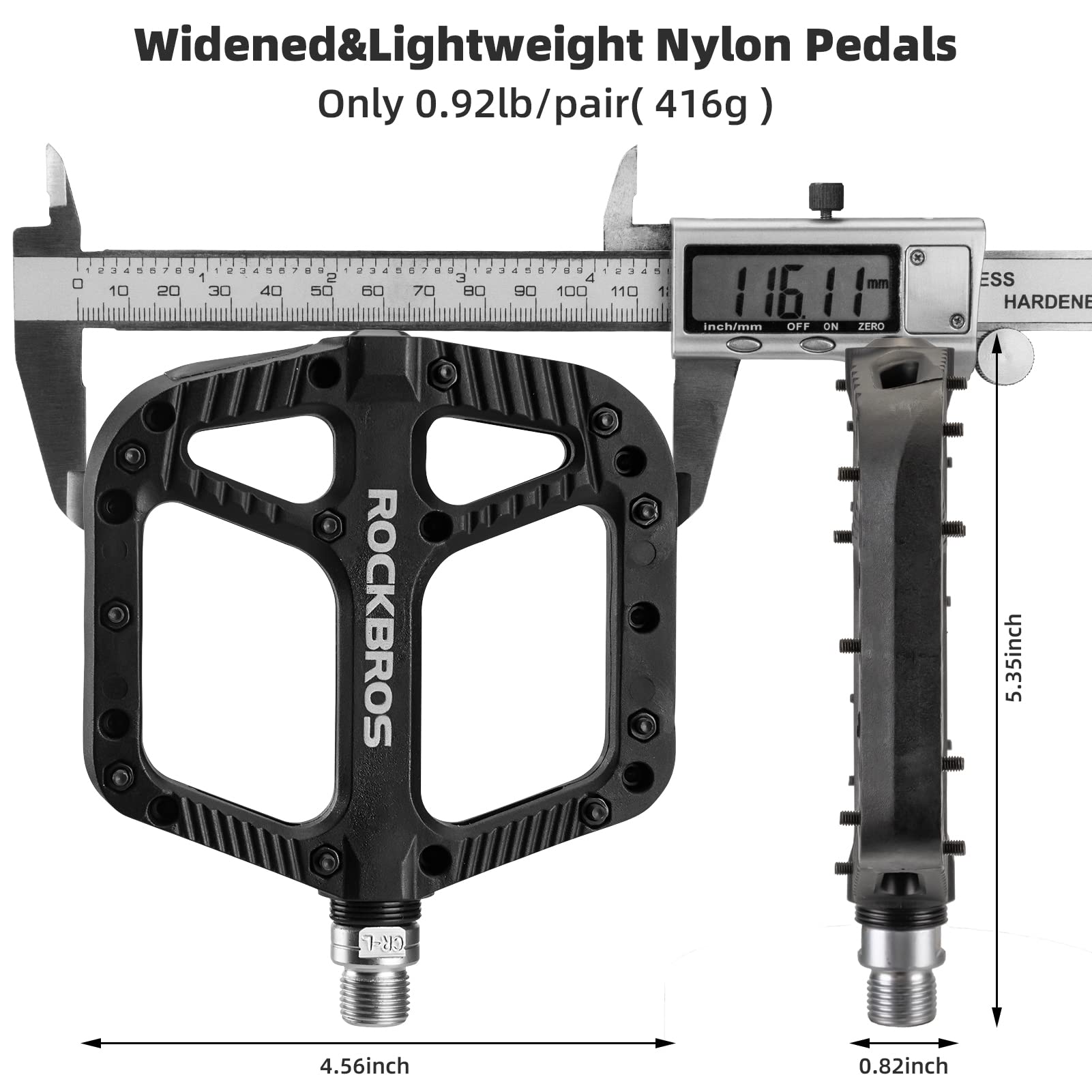 Rock Bros Mountain Bike Pedals Nylon Composite Bearing 9/16'' Mtb Bicycle Pedals With Wide Flat Platform Black