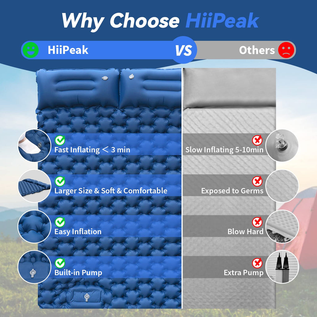 Hiipeak Double Sleeping Pad For Camping With Foot Pump & Pillow, Self Inflating Sleeping Mat For 2 Person, Ultralight Portable S
