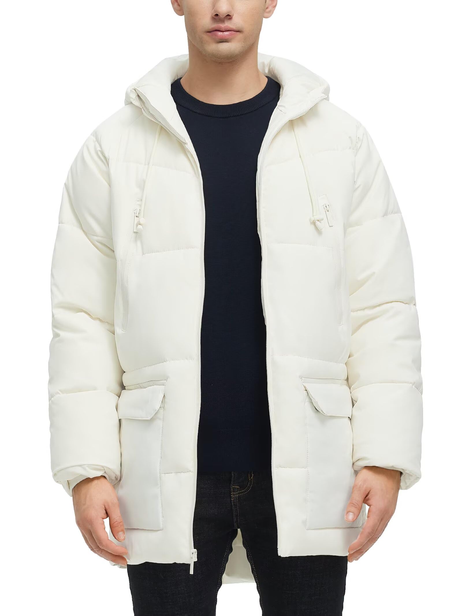 Rejork Men s Long Winter Coat Hooded Warm Quilted Jacket Water-resistant Cold Weather Parka Biege 2XL