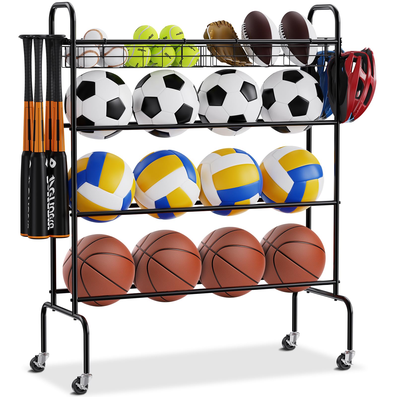Vevor Basketball Rack, 4-Layers Rolling Basketball Shooting Training Stand, Sports Equipment Storage Organizer With Wheels, Hook