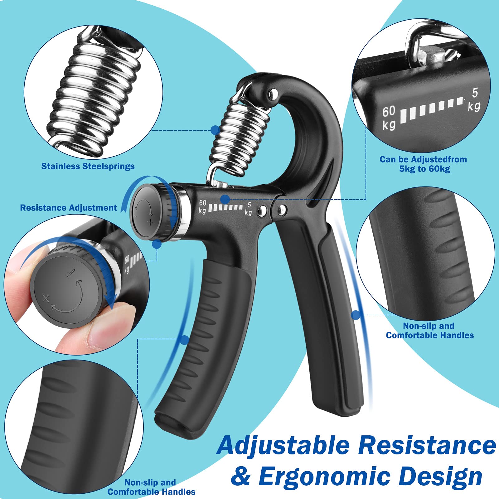 Grip Strength Trainer 1 Pack, Hand Grip Exerciser Strengthener With Adjustable Resistance 11-132 Lbs (5-60Kg), Forearm Strengthe