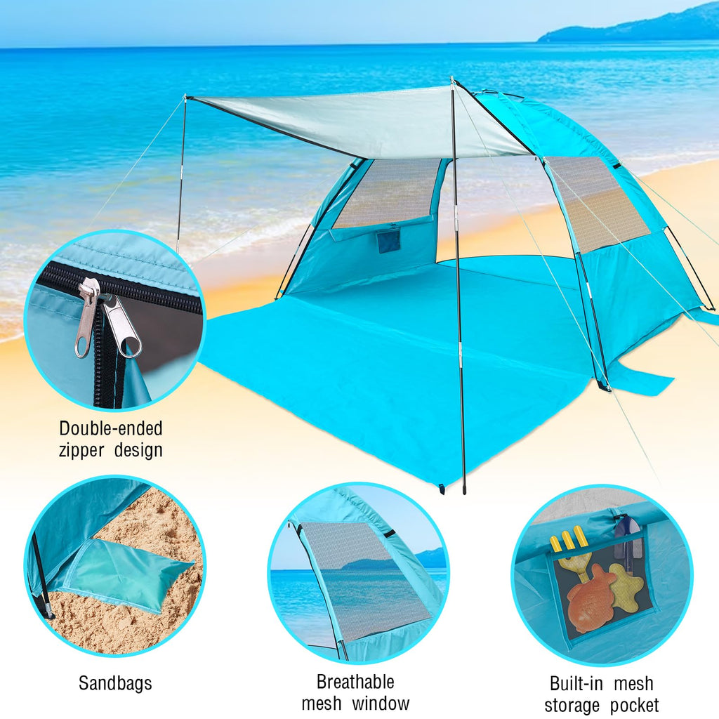 Dlucky Beach Tent For 2/3-4/5 Person,Anti-Uv Portable Sun Shade Shelterupf 50+,Both Sides Extendable Floor,Extendable Awning,Wit