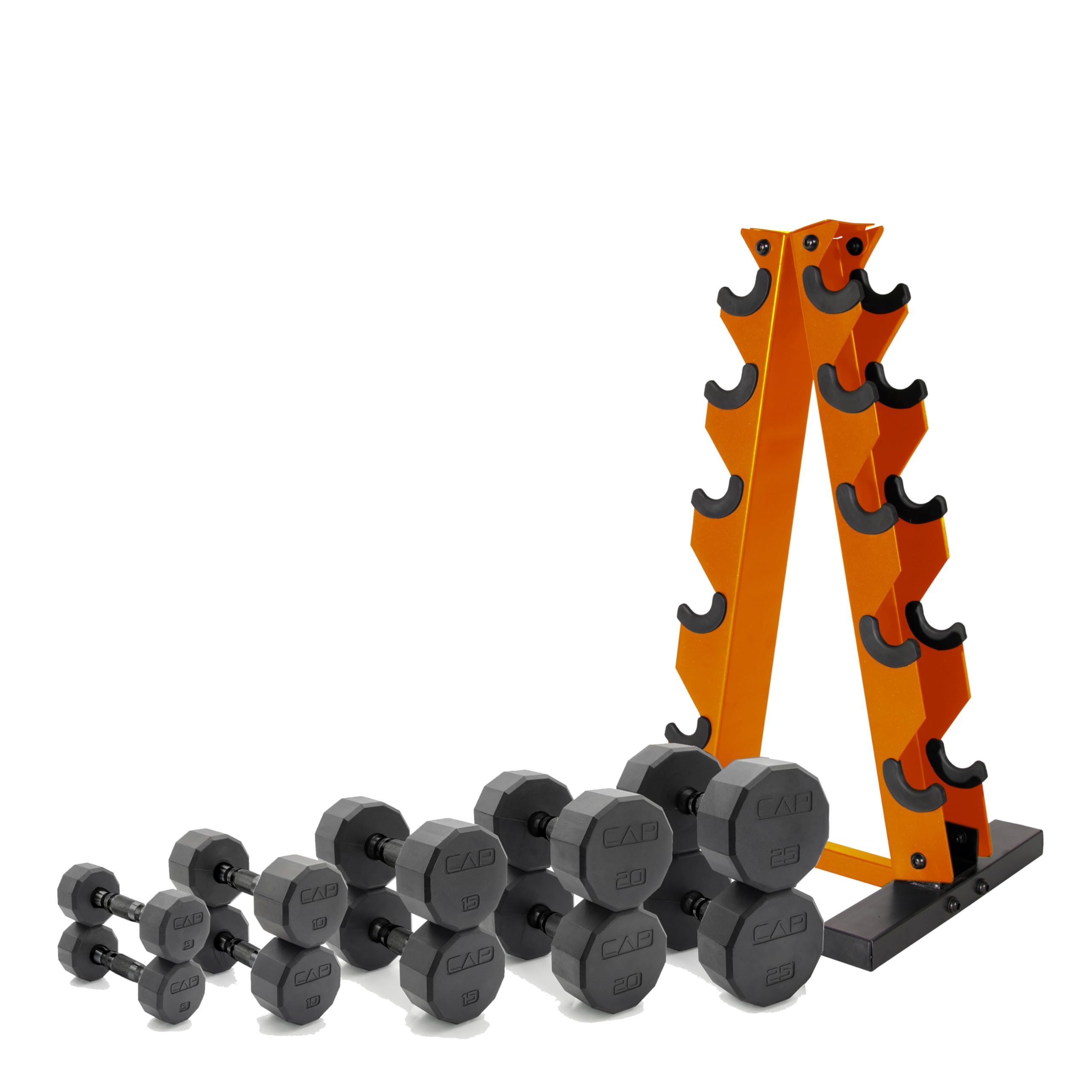 CAP Barbell 150 LB Black Handle Coated 12-Sided Dumbbell Set with Vertical Orange Rack