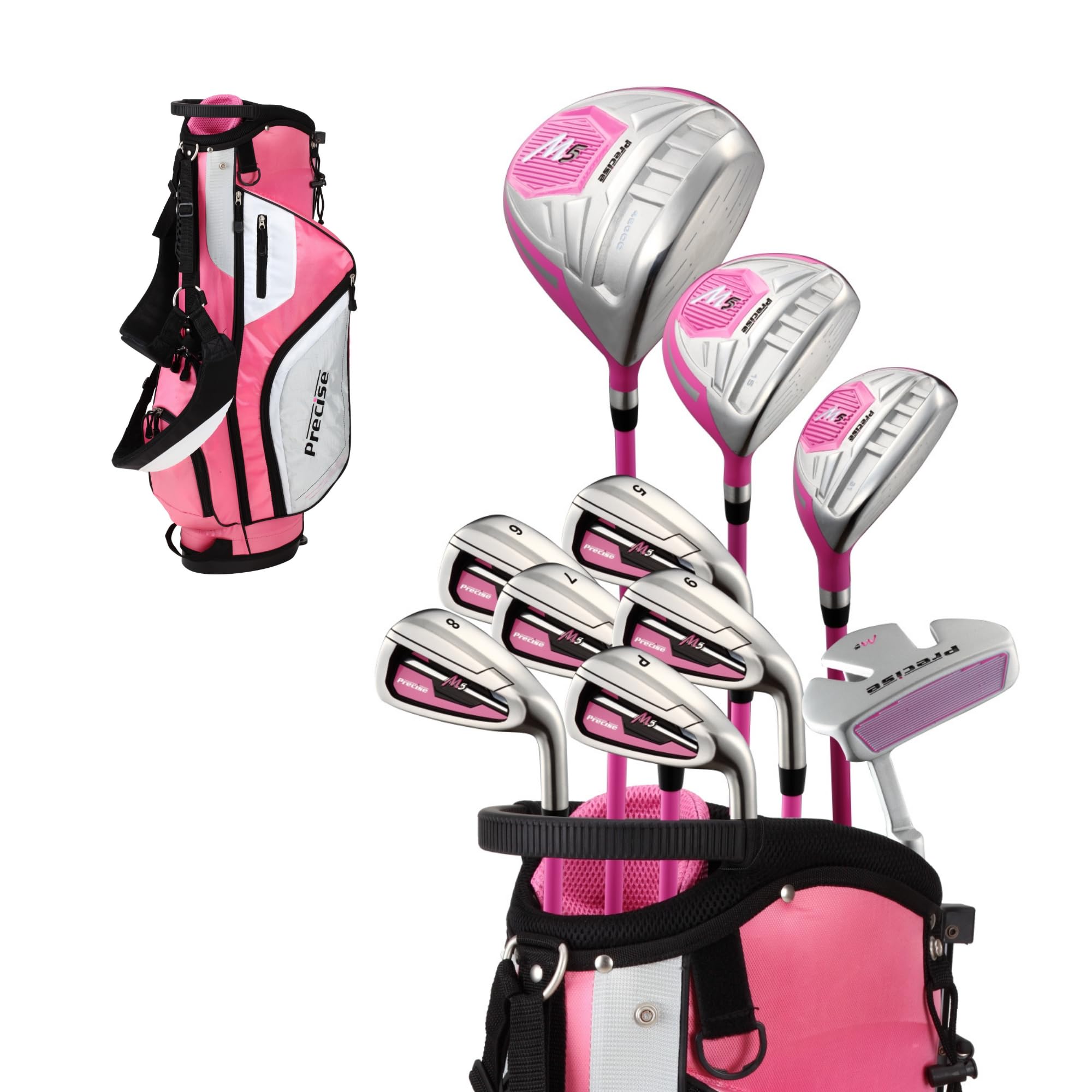 Precise M5 Womens Golf Clubs Full Set, Titanium Driver, S.S. Fairway, S.S. Hybrid, S.S. 5-PW Irons, Putter, Stand Bag, 3 H/Cs, 