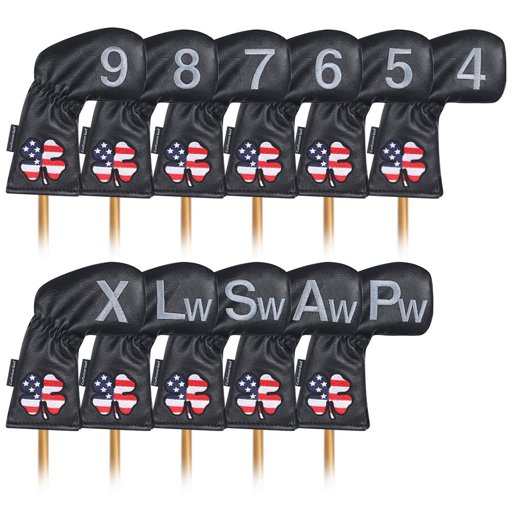 Craftsman Golf Left Handed Golfer 11Pcs /Set Usa Us Flag Clover Leather Black White Green Iron Covers Headcover Set (Black For L