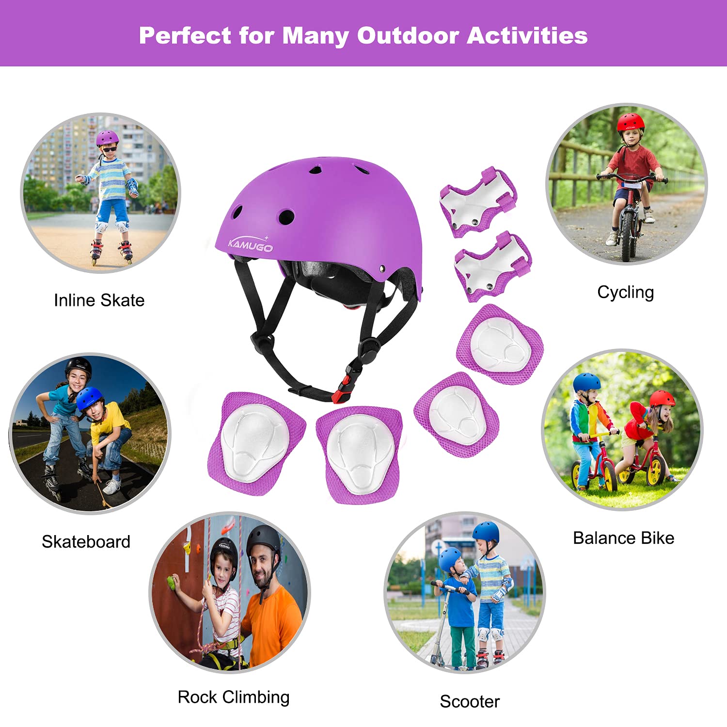 Kamugo Kids Adjustable Helmet, With Sports Protective Gear Set Knee Elbow Wrist Pads For Toddler Age 3-8 Boys Girls, Bike Skateb