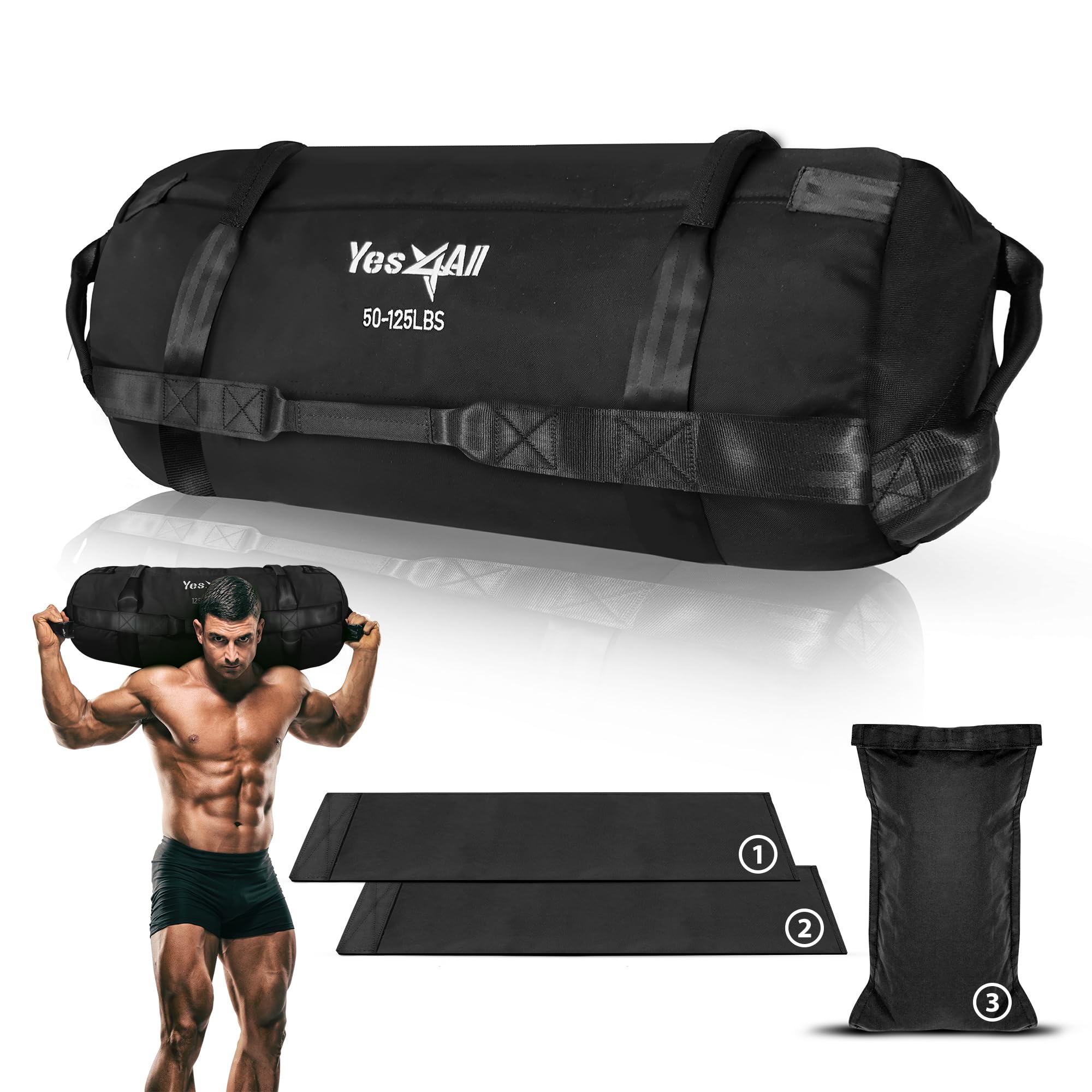 Yes4All Sandbag Weights/Weighted Bags - Sandbags For Fitness, Conditioning With Adjustable Weights (Black - L)