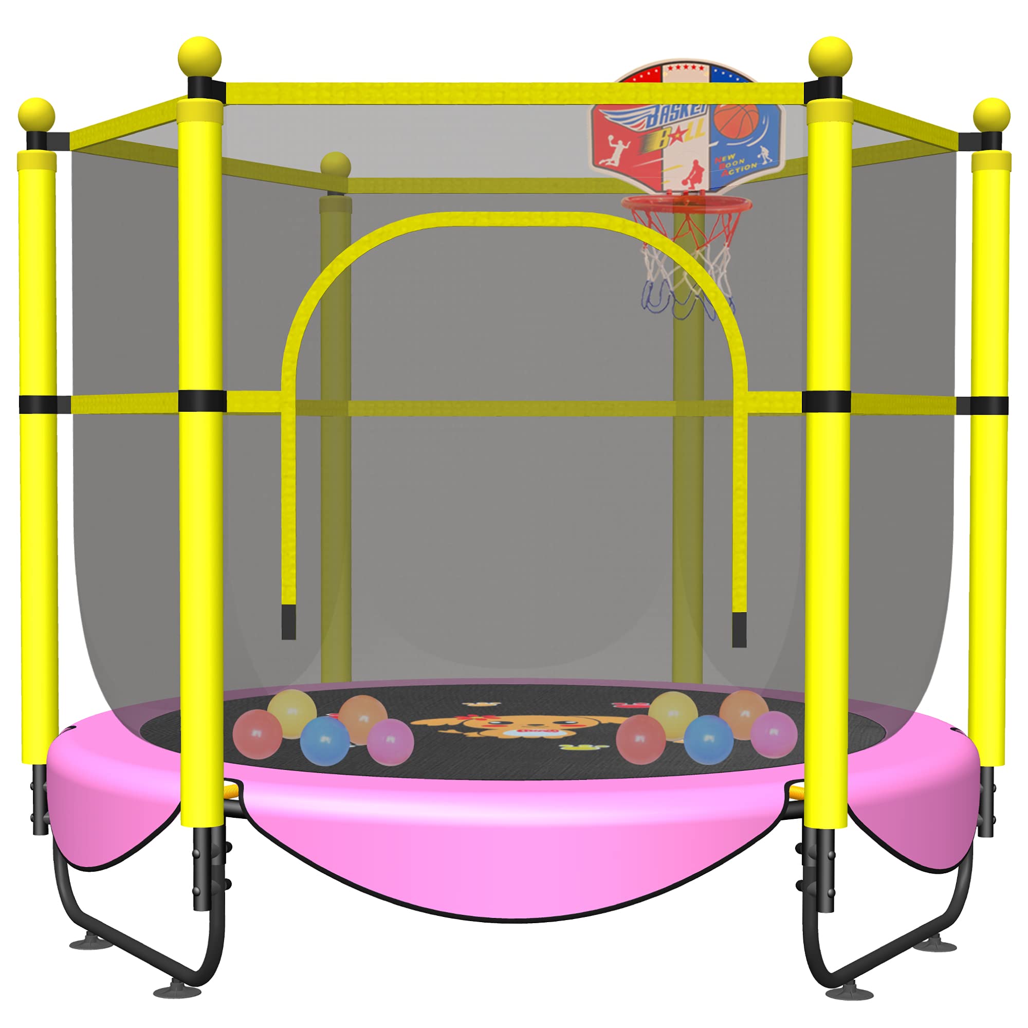 60 Trampoline for Kids, 5 FT Toddler Baby Trampoline with Safety Enclosure Net, Indoor or Outdoor Pink Small Trampolines with Ba