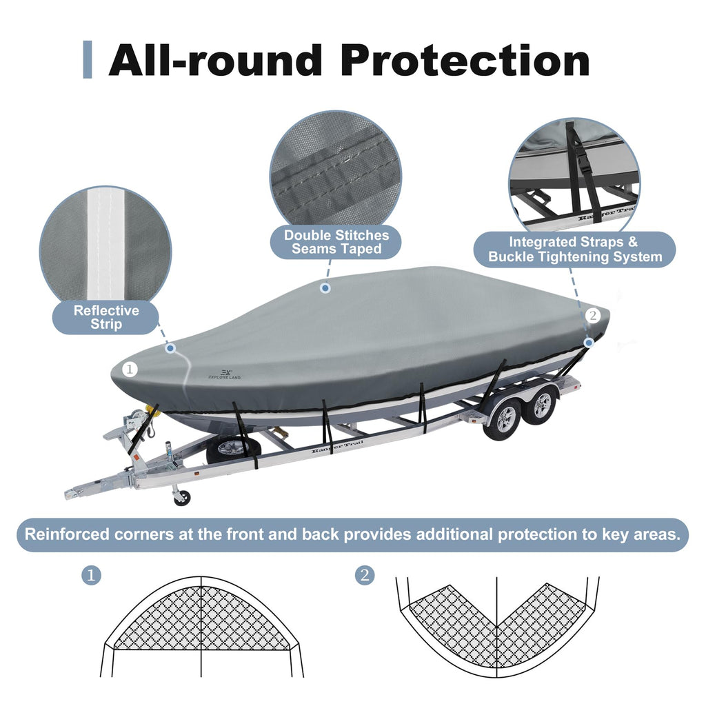 Explore Land 900D Trailerable Waterproof Boat Cover Fits 17'-19'Long Beam Width Up To 102 V-Hull Tri-Hull Runabout Fishing Ski P