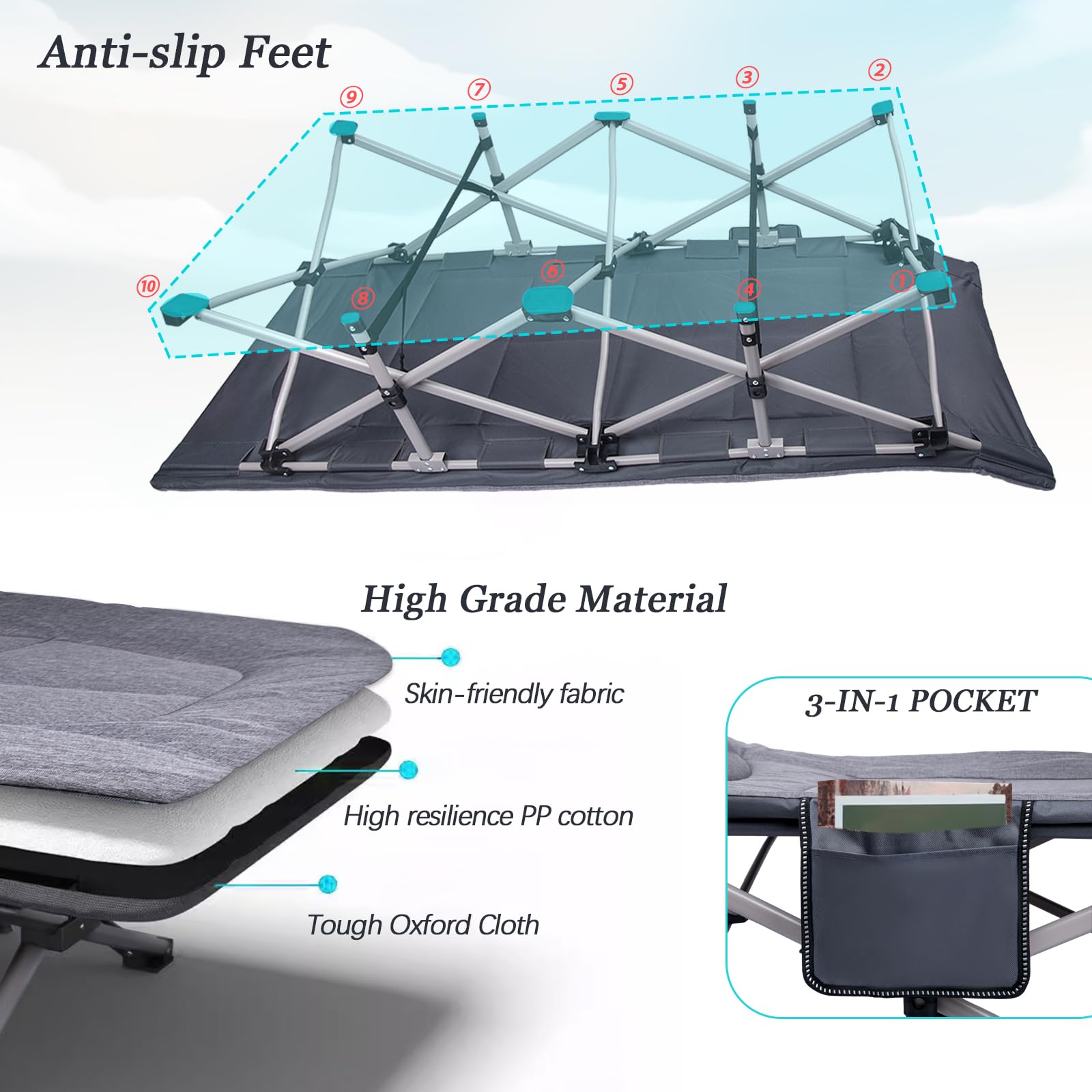 Kako Camping Cots For Adults, Folding Camping Cot, Portable Cots For Adults, Camping Beds For Adults Heavy Duty 600 Lbs(Max Load