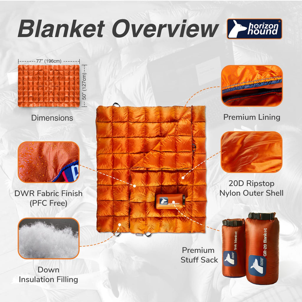 Horizon Hound Down Camping Blanket - Gr-20, Orange Travel Blanket  Sustainable Insulated Down  Lightweight & Warm Quilt For Camp