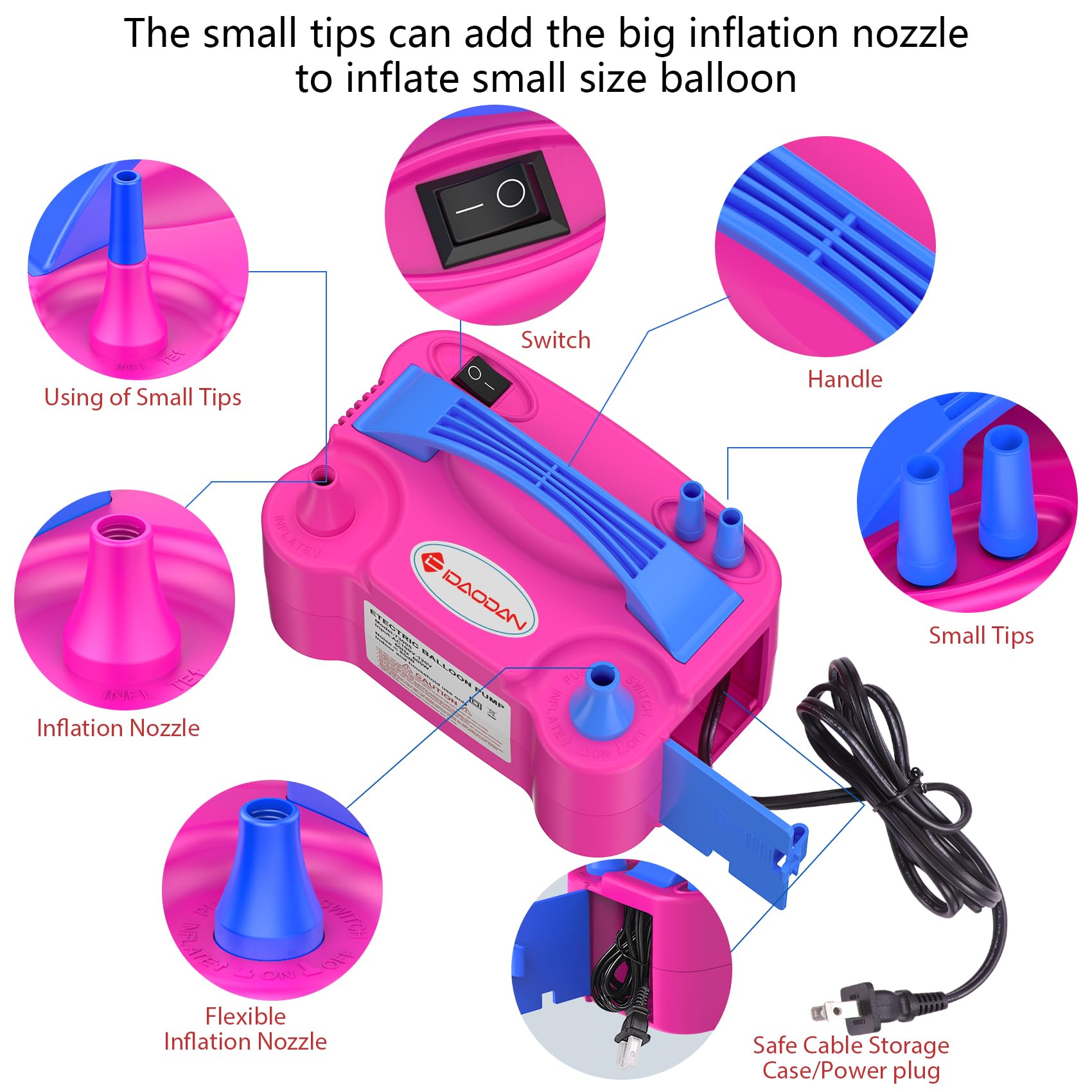 IDAODAN Electric Balloon Pump, Portable Electric Balloon Blower Machine Inflator Air Pump Dual Nozzle 110V 600W for Party Decora