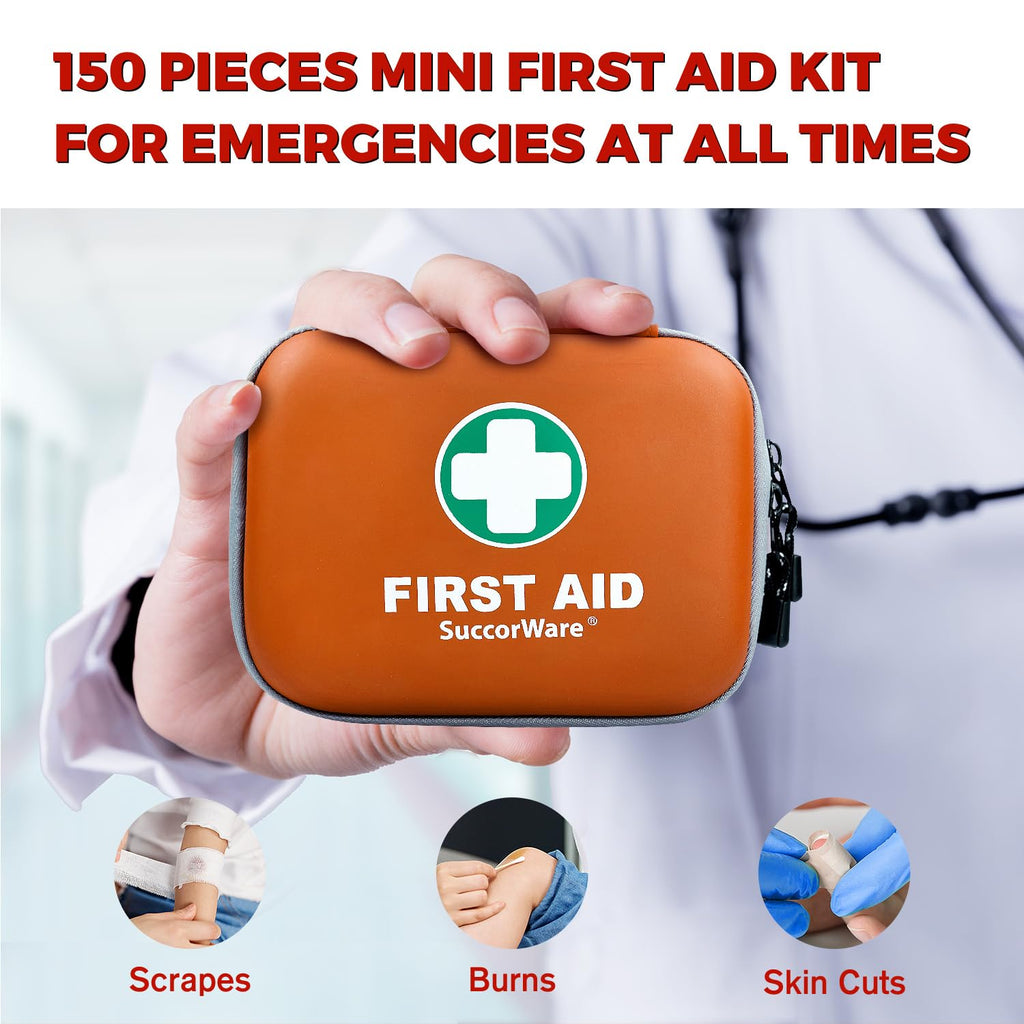 Succorware 150 Pieces Mini First Aid Kit - Small Medical Kit With Hard Shell - Emergency First Aid Kit For Car, Travel, Home, Ou