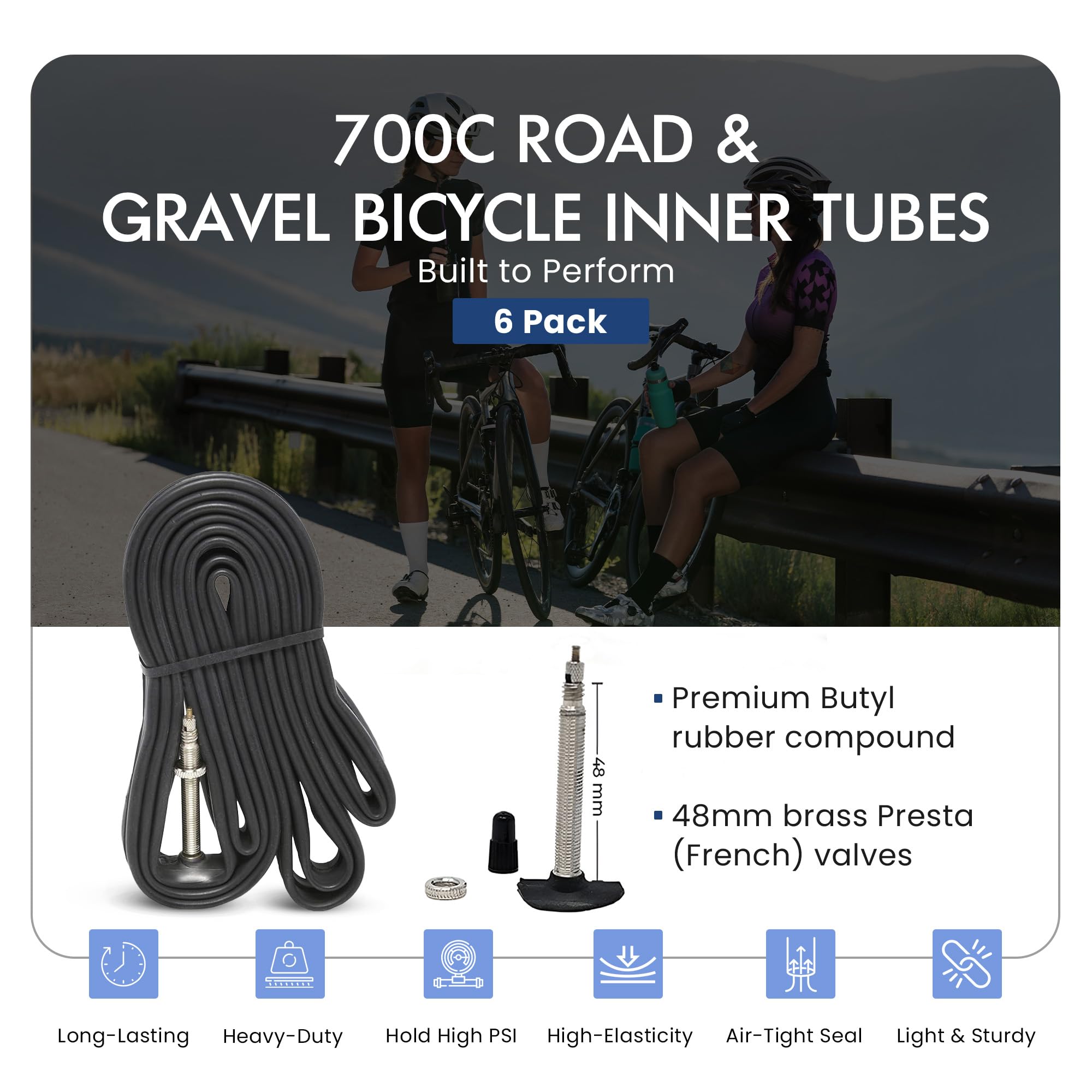 Velotubes 700C X 35/43 Road & Gravel 48Mm Presta Valve Bicycle Inner Tubes - Bulk 6 Pack