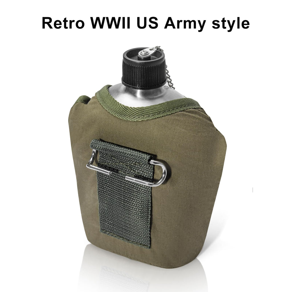 Afranti Stainless Steel Military Canteen 1Qt Portable Army Water Bottle With 0.5Qt Cup & Sleeves For Hiking Camping Climbing And