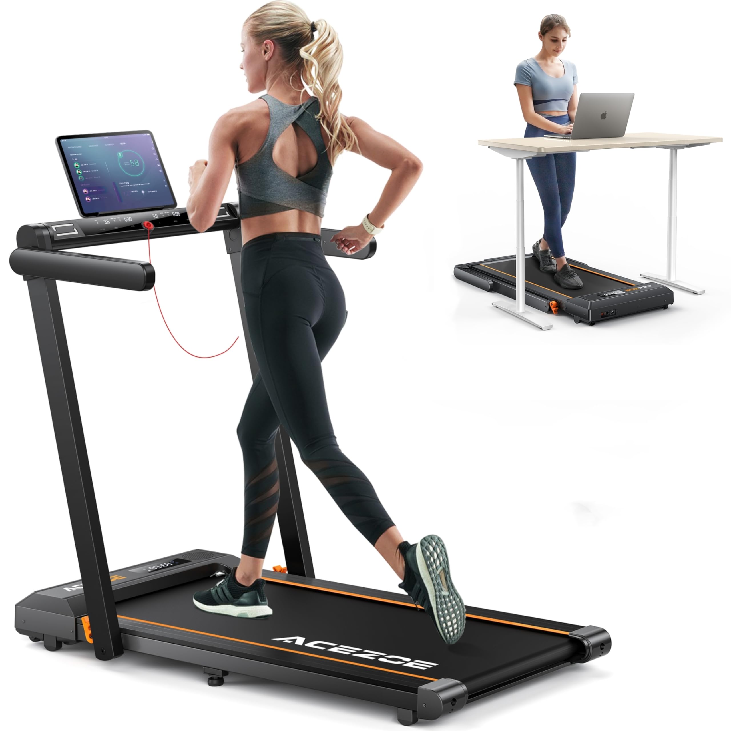 Acezoe 2 In 1 Folding Treadmills For Home Small Office, 2.5Hp Walking Pad Treadmill With Handle Bar, 300Lbs Capacity, Copmact Pr