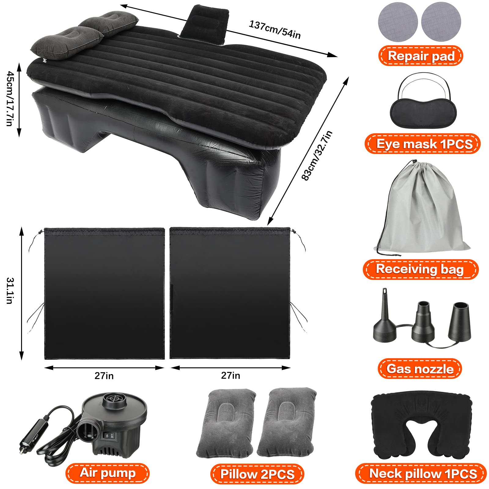 Tallew 12 Pcs Car Air Mattress Back Seat Inflatable Bed Suv Car Camping Backseat Truck Air Mattress Curtain Divider Window Shade