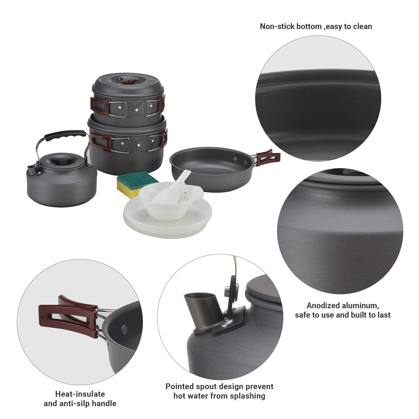 Bulin Camping Cookware Mess Kit, Backpack Portable Campfire Cooking Pots Pans Kettle Set, Durable Lightweight Aluminum Cook Gear