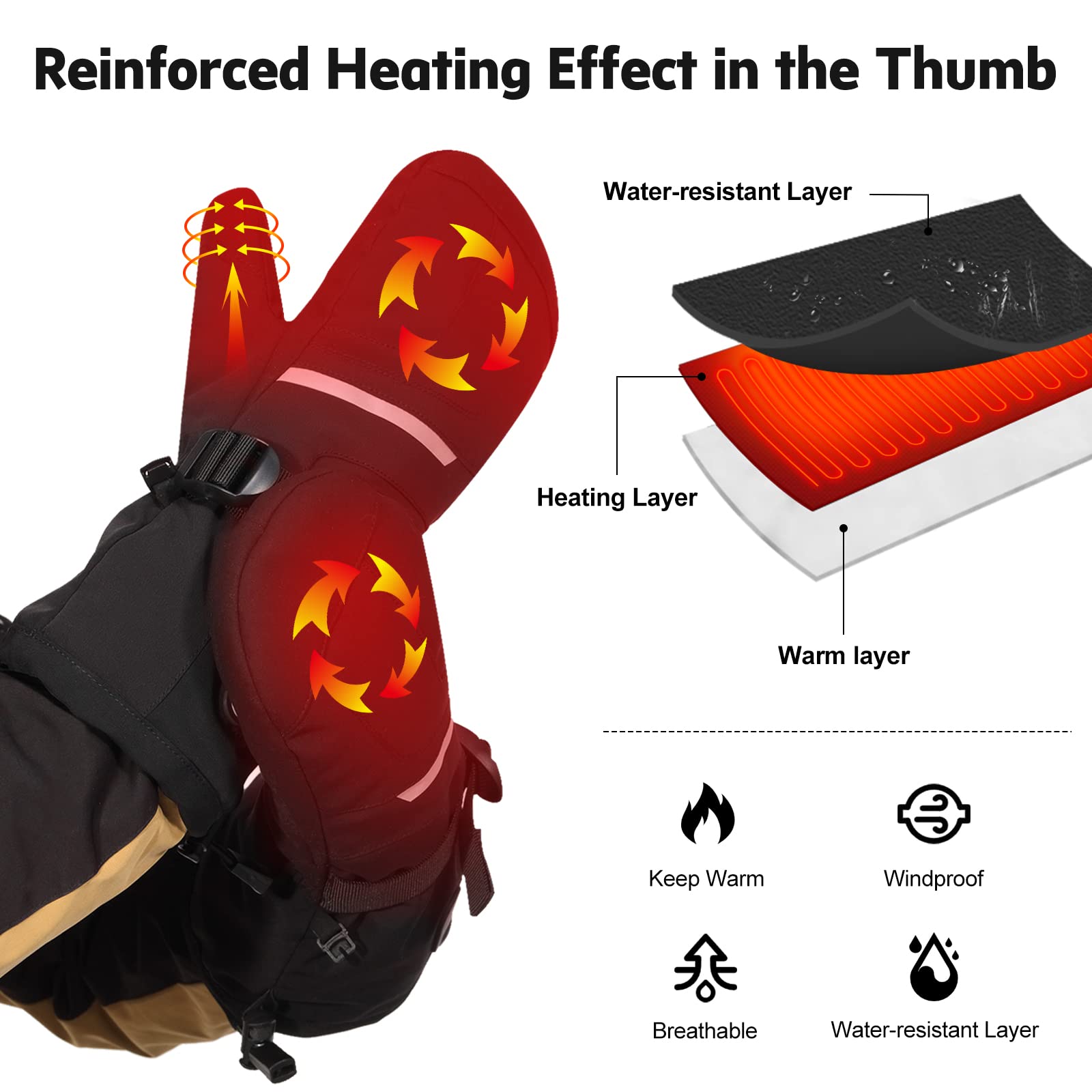 Dinsvta Heated Mittens Gloves For Men Women Battery Electric Heated Ski Gloves Rechargeable 7.4V 2200Mah Up To 6.5Hrs Water Resi