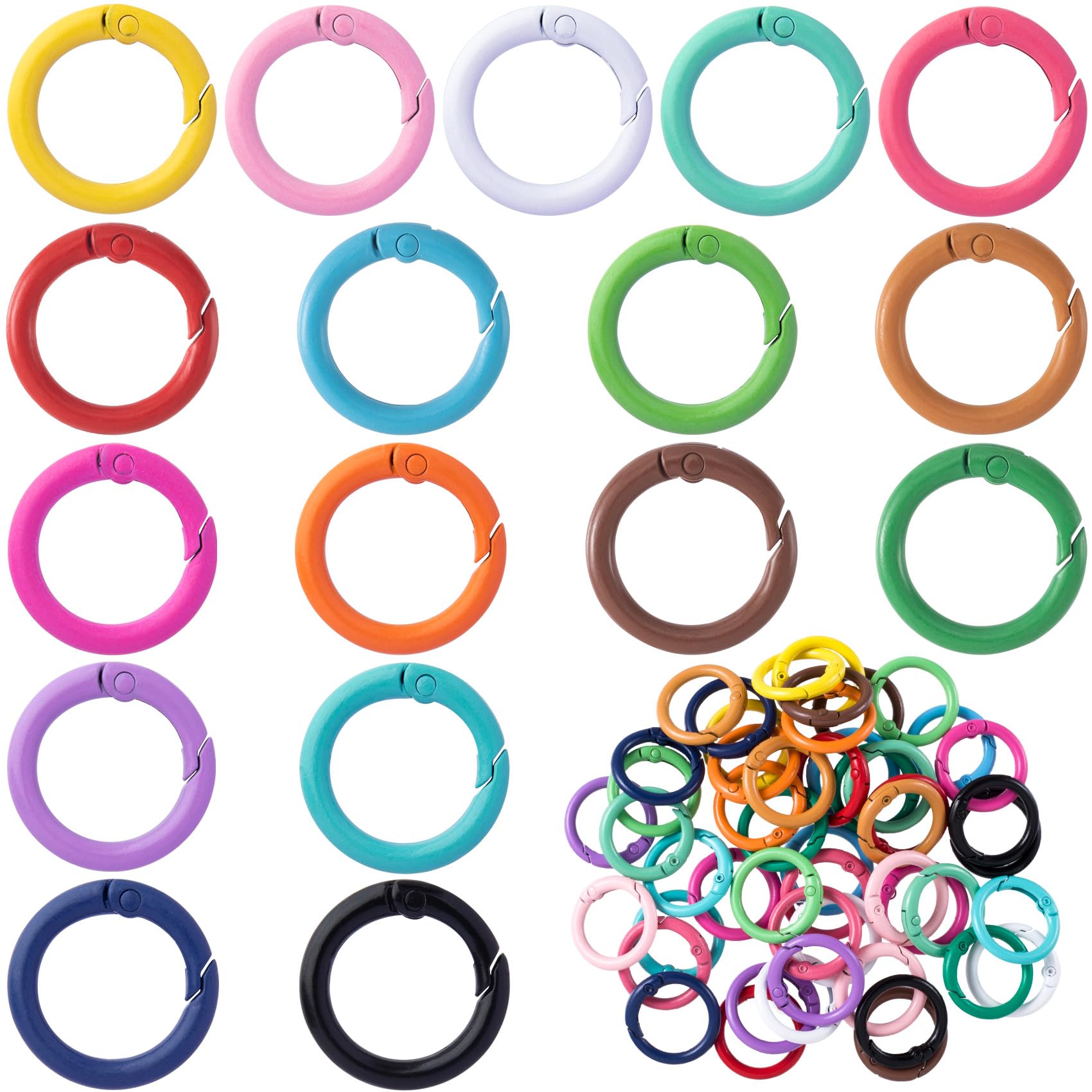 HINZIC 51Pcs 25mm Round Spring O Rings, Colorful Metal Carabiner Snap Buckle Clip Trigger DIY Accessories for Purse Keyrings Key